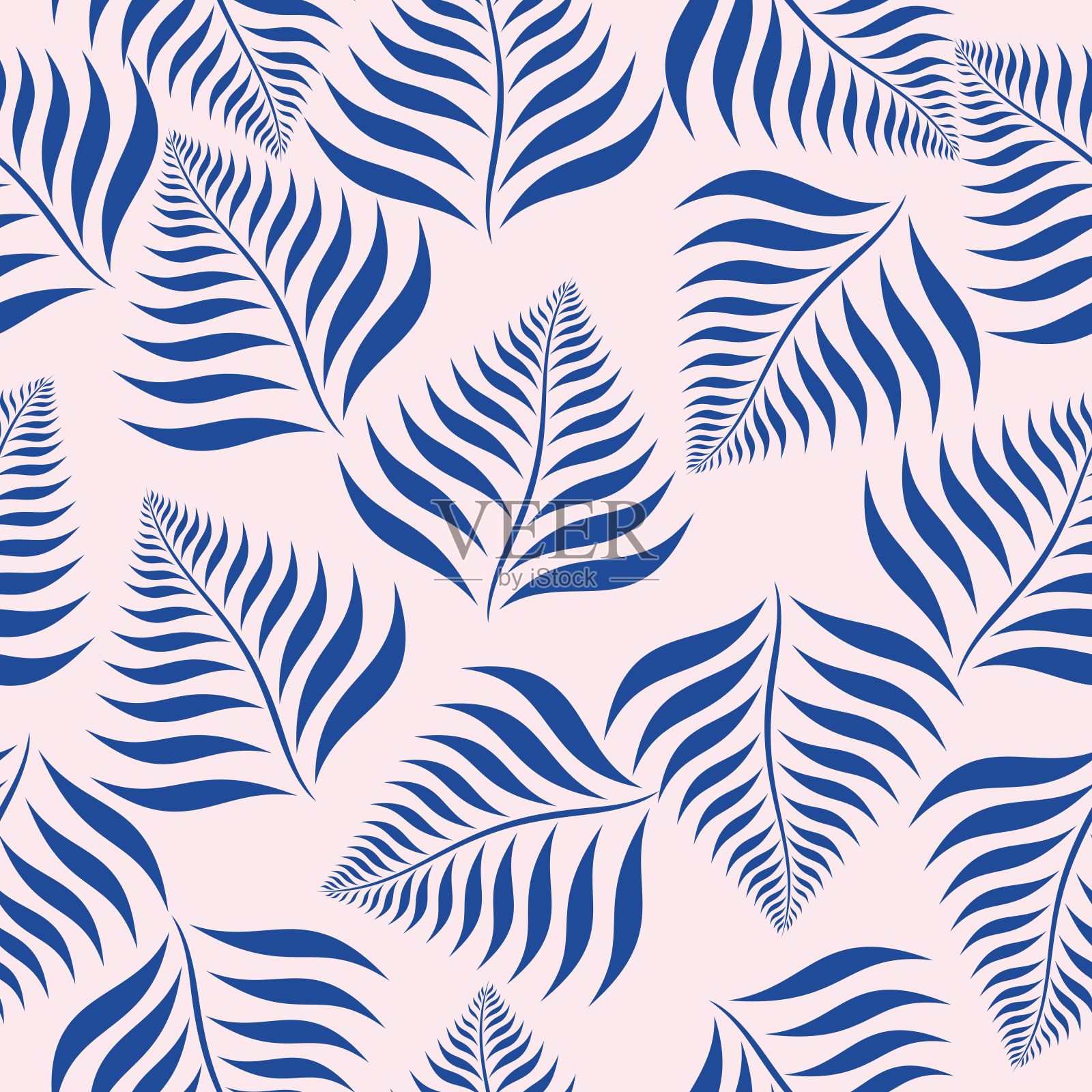自然无缝图案。手绘热带夏季背景:蓝色抽象棕榈树叶在奶油的背景。插画图片素材