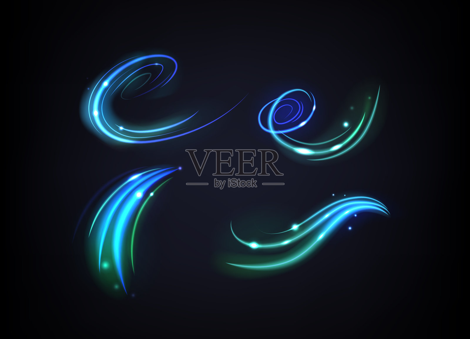 矢量光波，平面设计亮度，漩涡和反射元素创建动态闪闪发光的视觉效果插画图片素材