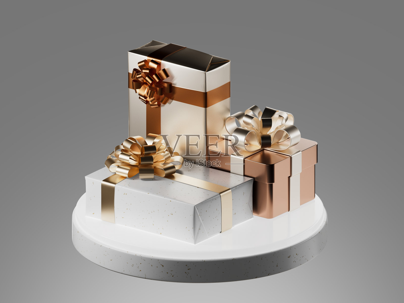 新年快乐，圣诞快乐2025白色礼盒上有金色的蝴蝶结和金色的亮片五彩纸屑。金色金属质感照片摄影图片