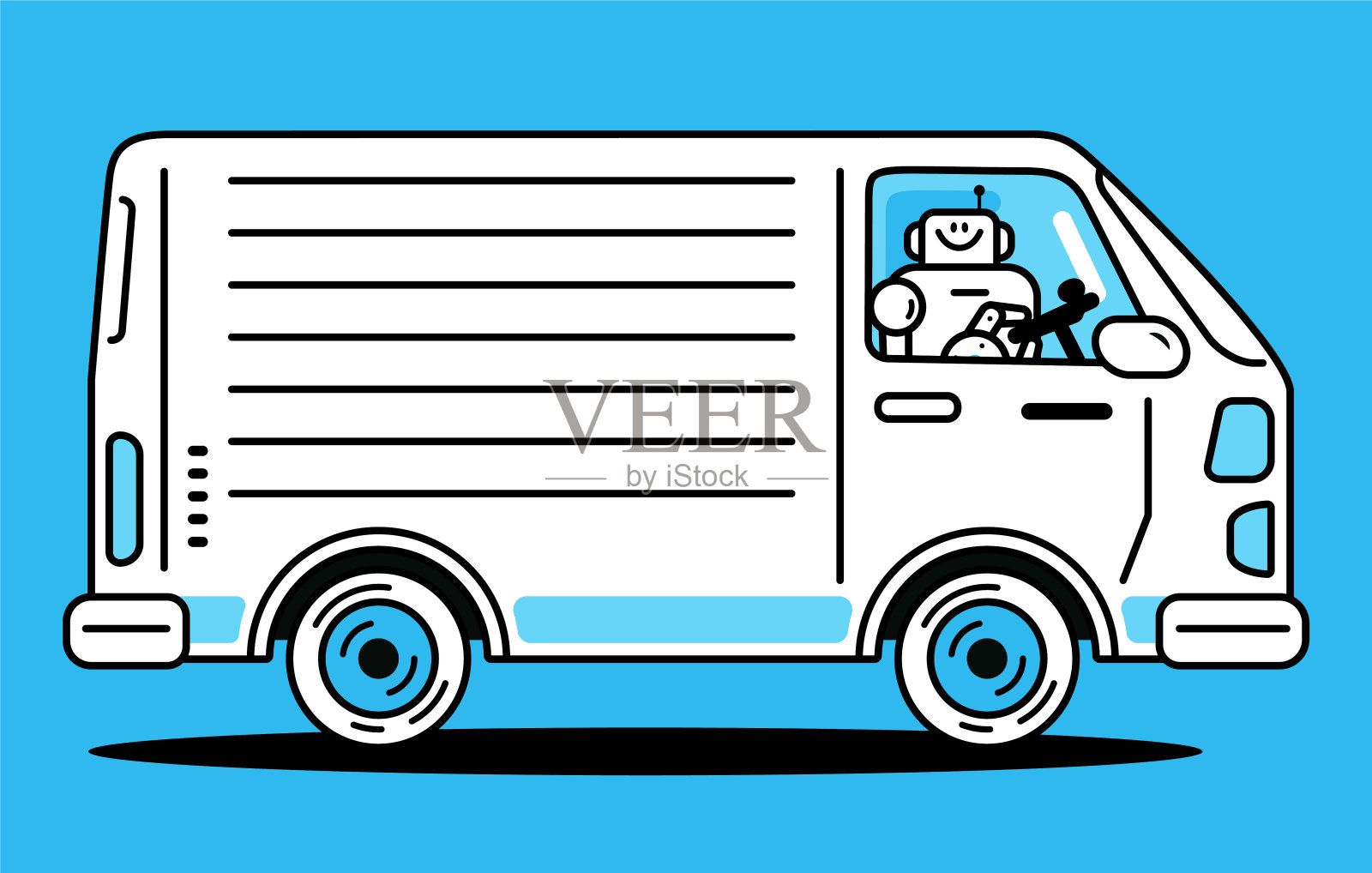 人工智能机器人驾驶送货车、自动送货革命、送货效率和精度、最后一英里送货的未来插画图片素材