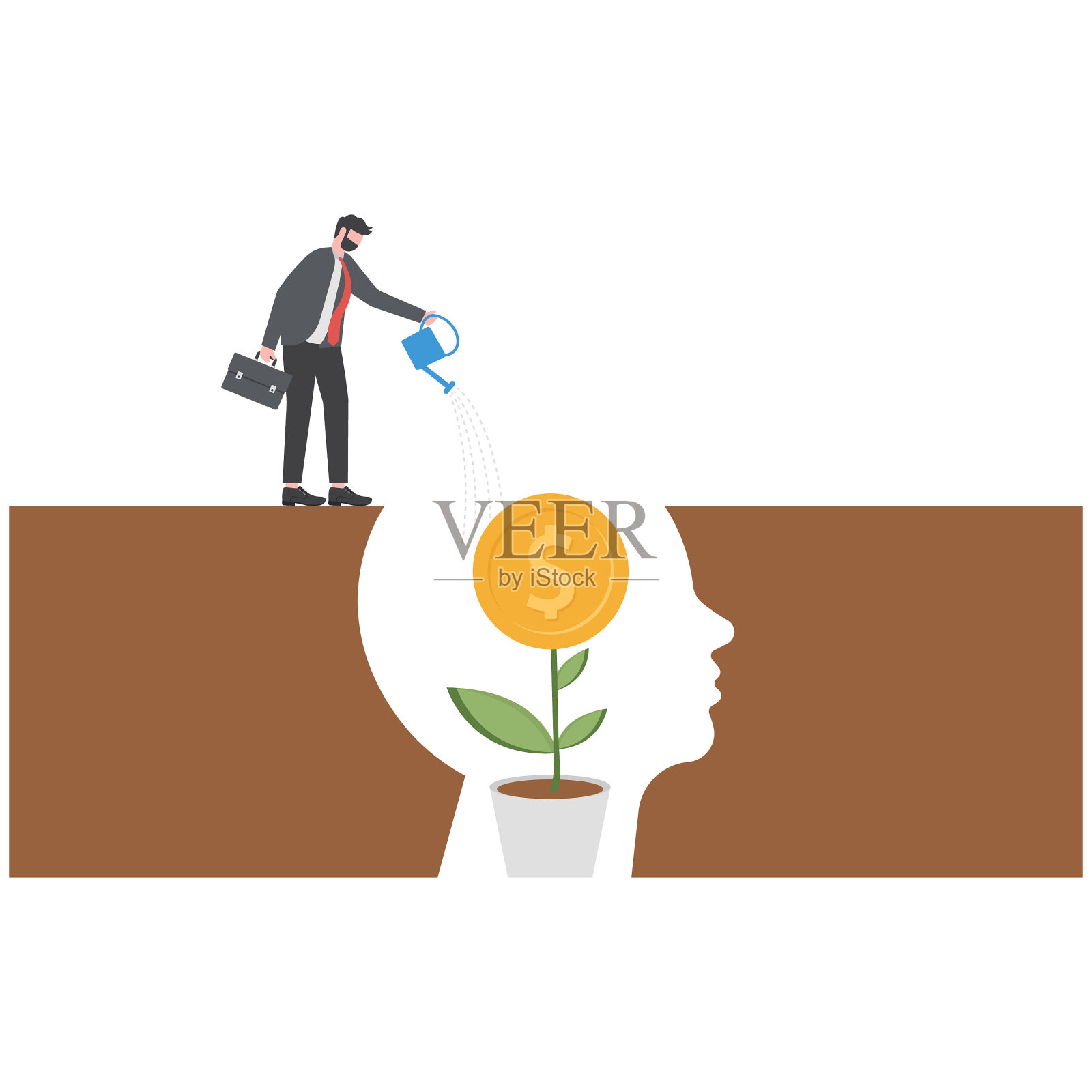 商人为植物浇水、赚钱、求成长的心态观念插画图片素材