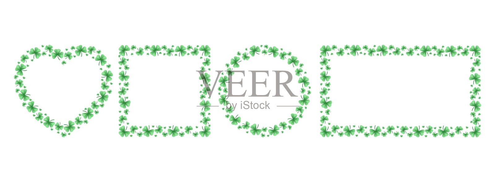 一套框架与三叶草叶子。三叶草。圣帕特里克节设计的装饰元素插画图片素材