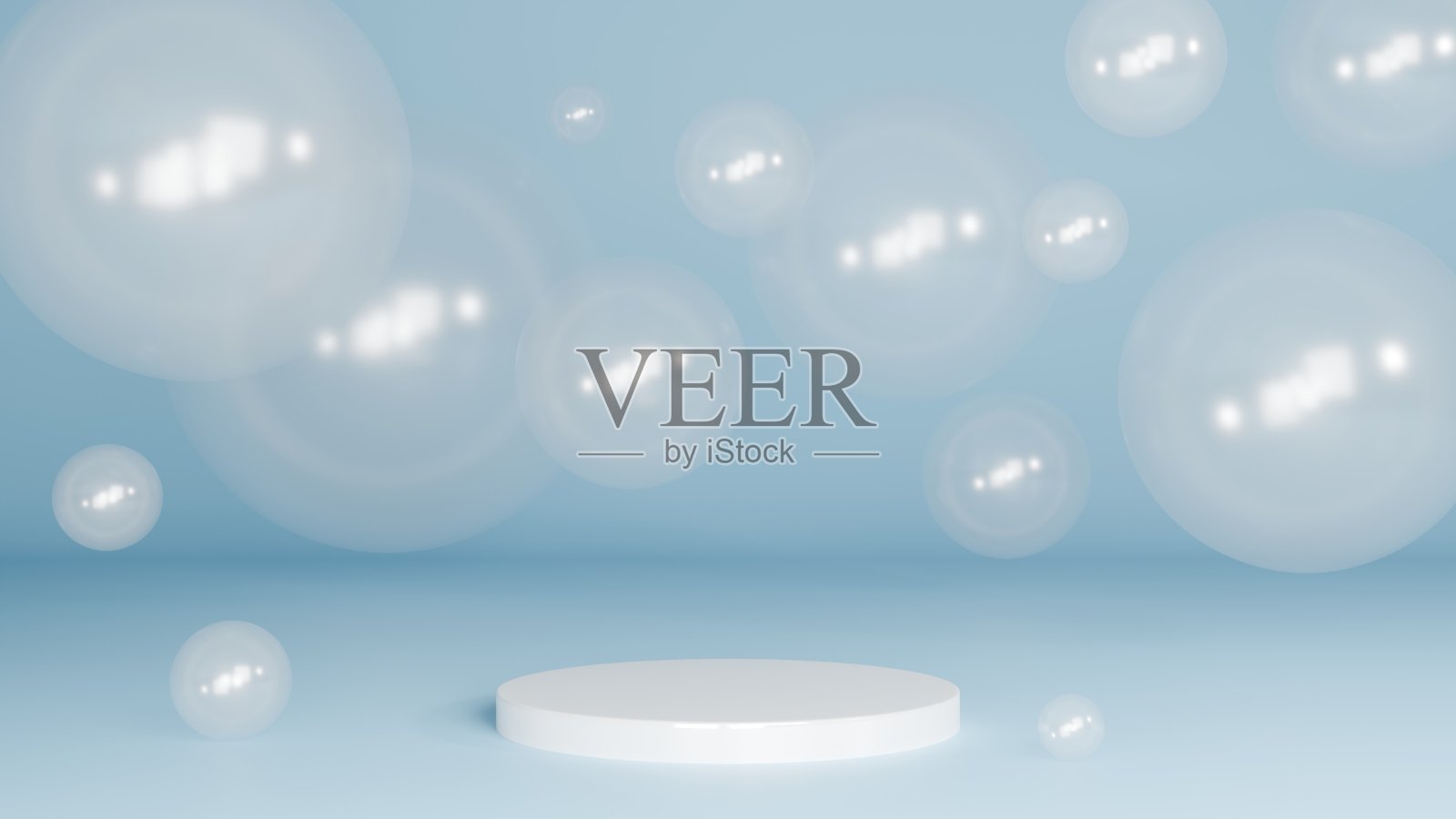 3D渲染柔和的蓝色背景与讲台和白色的水泡照片摄影图片