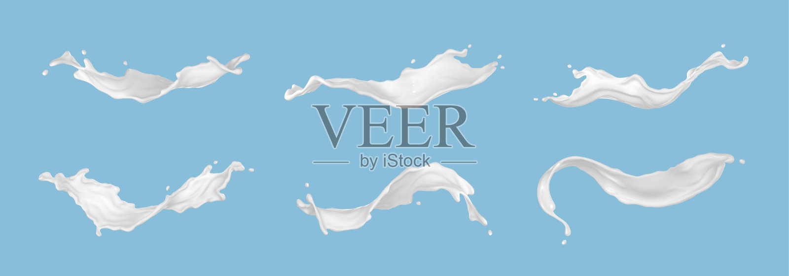 一套现实的牛奶飞溅的各种形状与滴隔离在蓝色背景。矢量写实插图插画图片素材