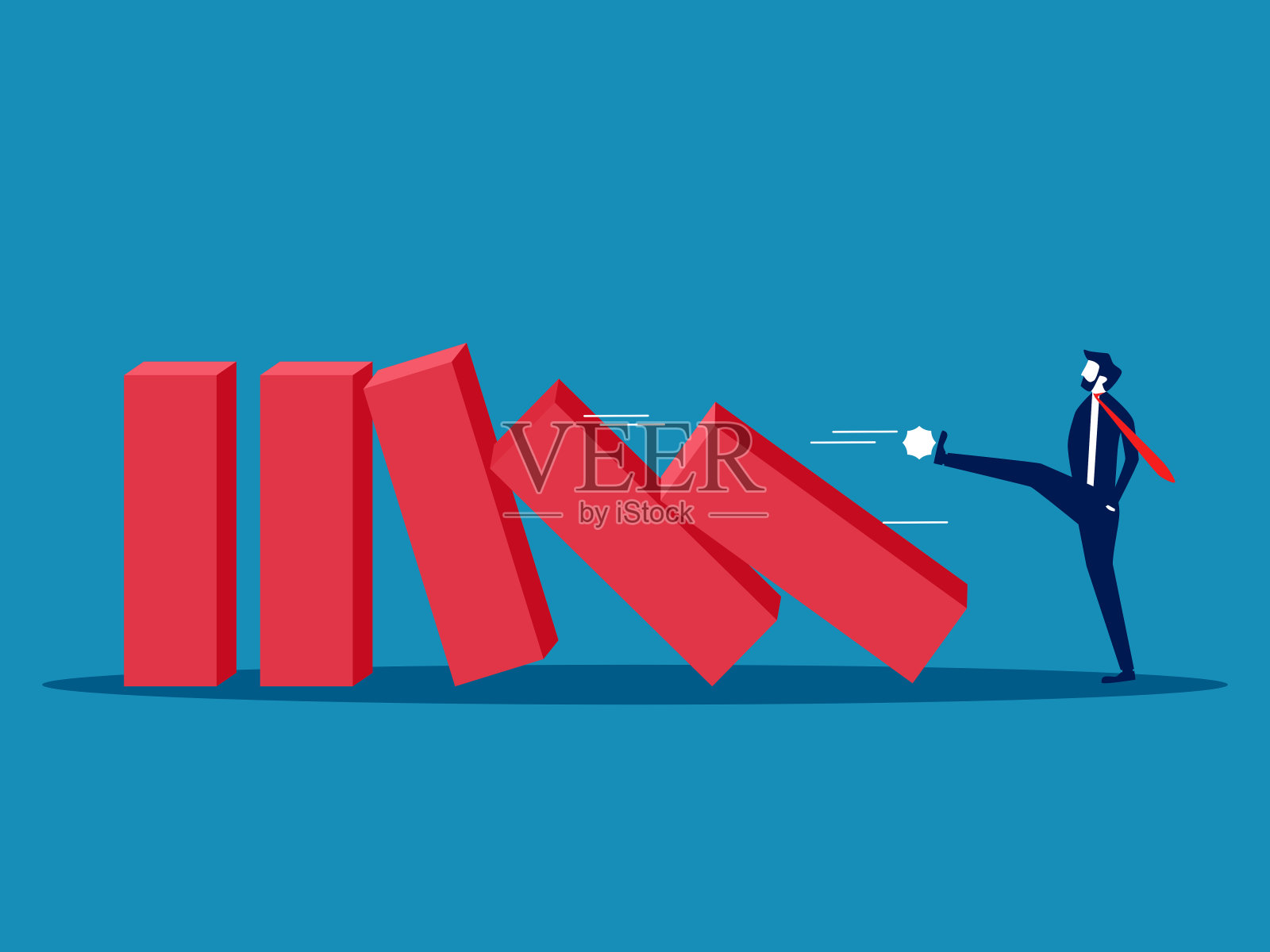 多米诺效应。商人把多米诺骨牌撑杆推倒。向量插画图片素材