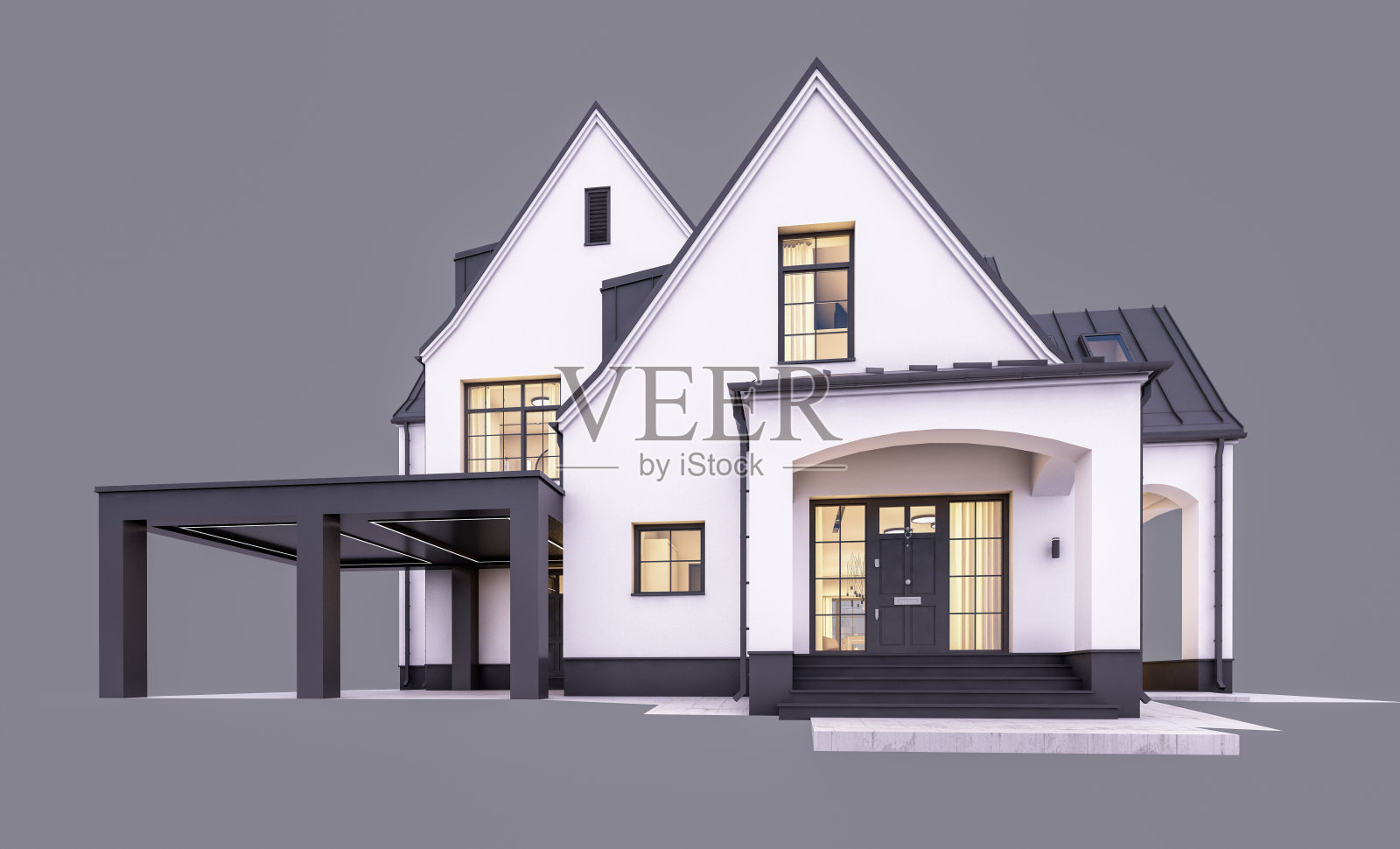 夜晚灰色背景下的黑白色现代都铎式房屋3D渲染照片摄影图片