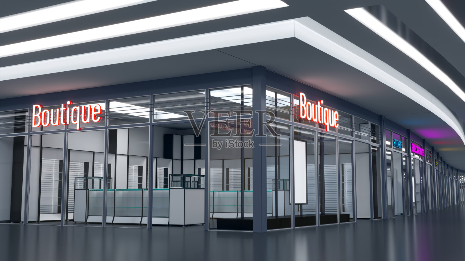 精品玻璃店面与霓虹灯招牌模型照片摄影图片