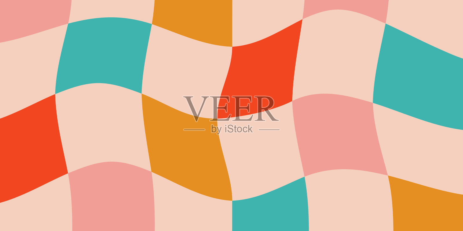 圣诞波groovy检查矢量背景。复古假日流体抽象棋盘背景。圣诞节弯曲扭曲检查抽象几何图案。粉红色，红色，绿色和金色插画图片素材