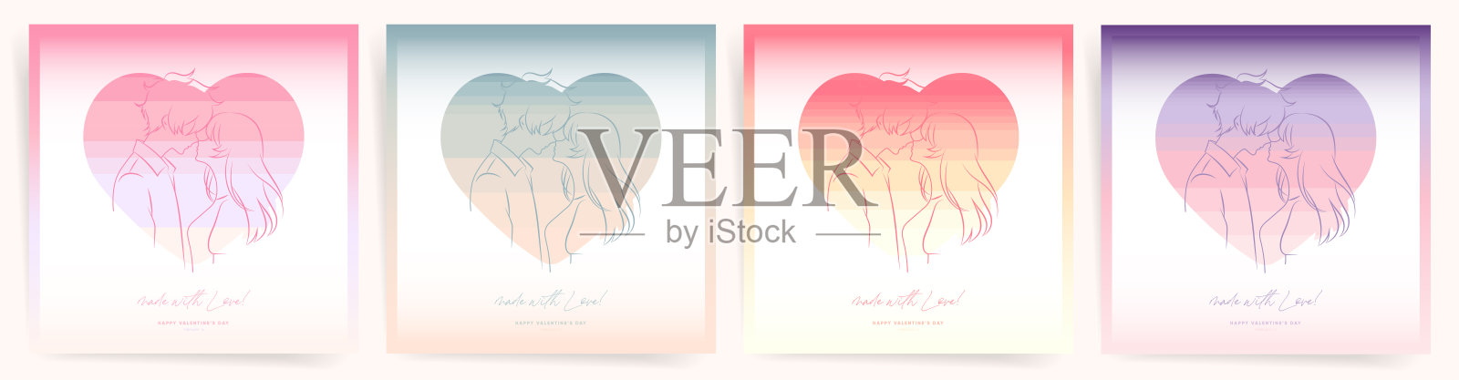 爱情梯度背景与现代动漫接吻夫妇的轮廓，可爱的漫画人物在心与温柔的粉红色和紫色。插画图片素材