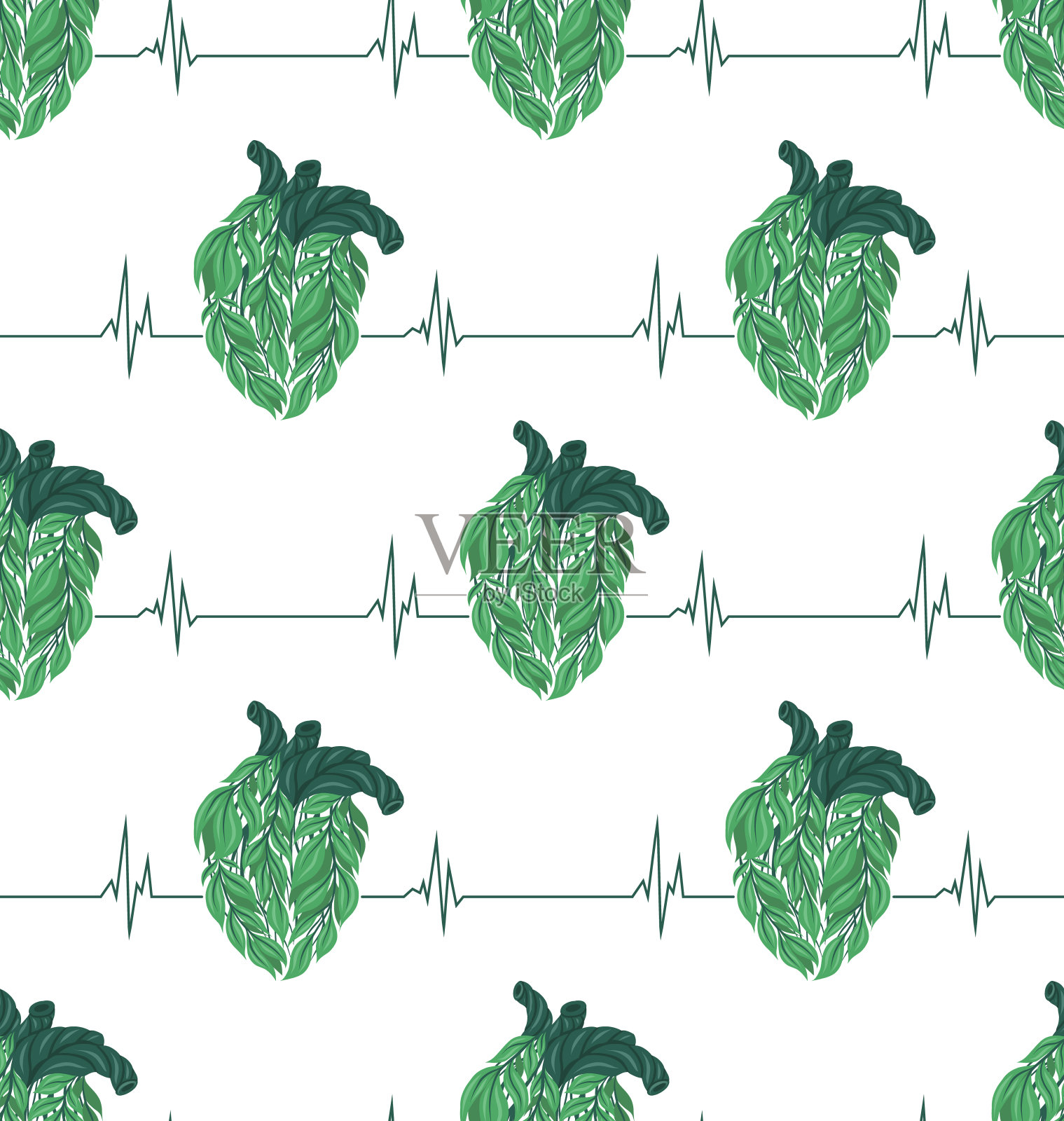 矢量医学无缝图案与健康的人类心脏与心脏图在白色背景的叶子。心脏移植肌理插画图片素材