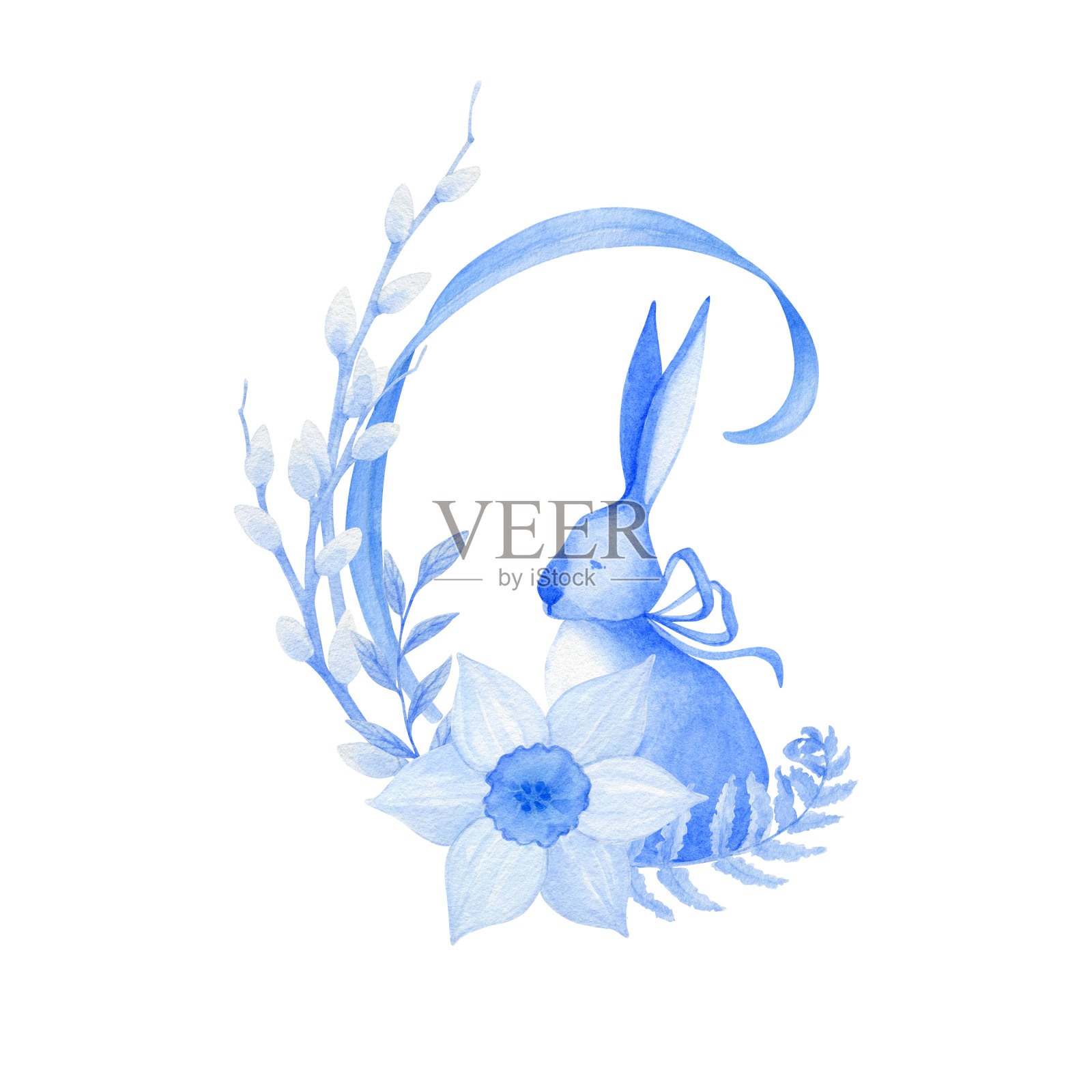 复活节组成的蓝色水彩花和兔子。所有元素都是手工绘制的。这幅构图被孤立在白色的背景上插画图片素材