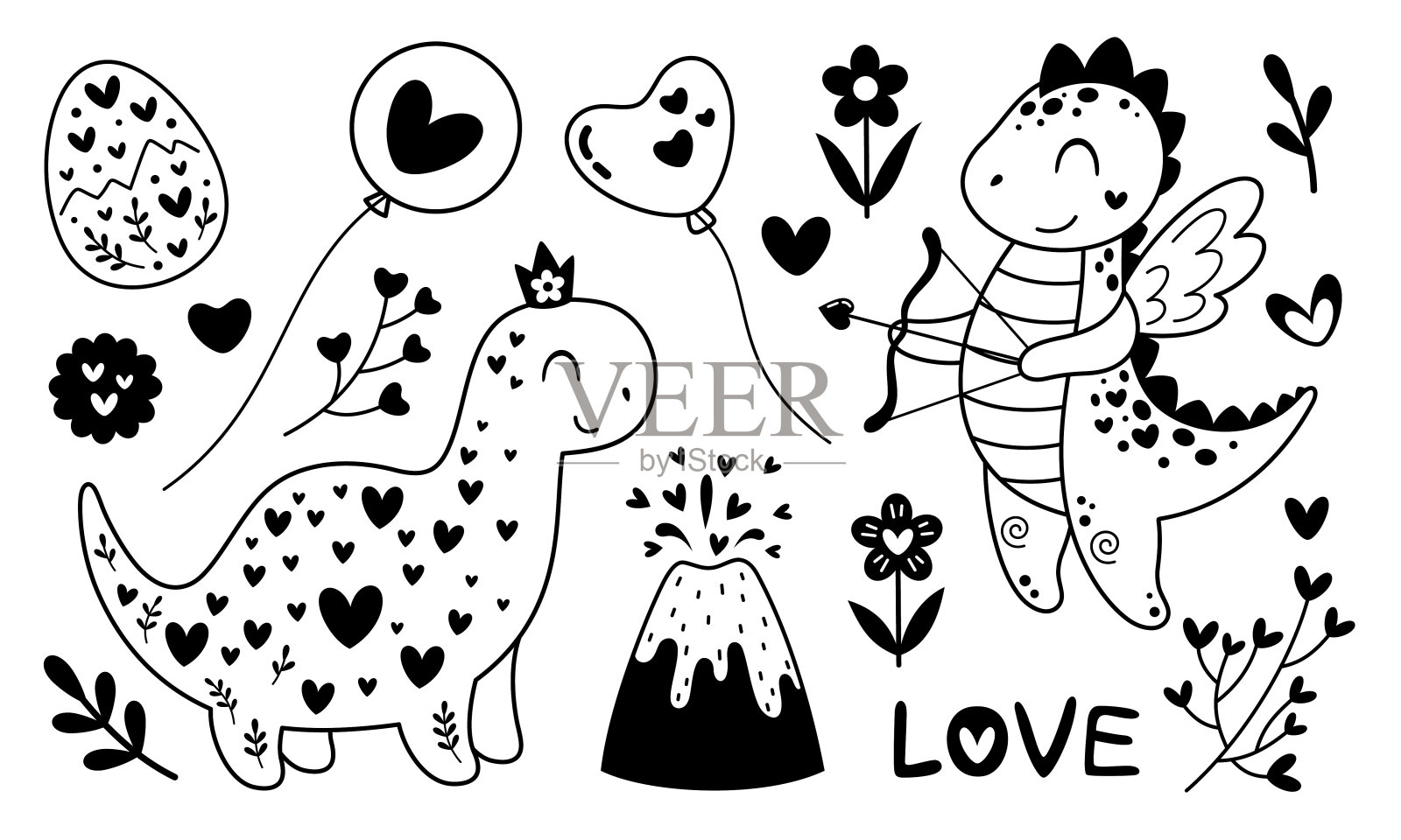 黑白情人节恐龙剪贴画。情人节恐龙卡通扁平风格插画。恐龙涂鸦。矢量图插画图片素材