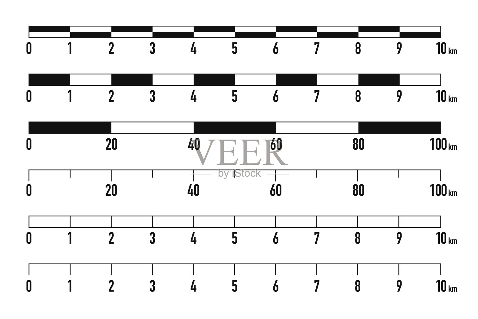 地图缩放图形用于测量距离。平面样式的公制标尺集。测量尺度。数学比例或分数，地面上的测量单位。矢量图插画图片素材