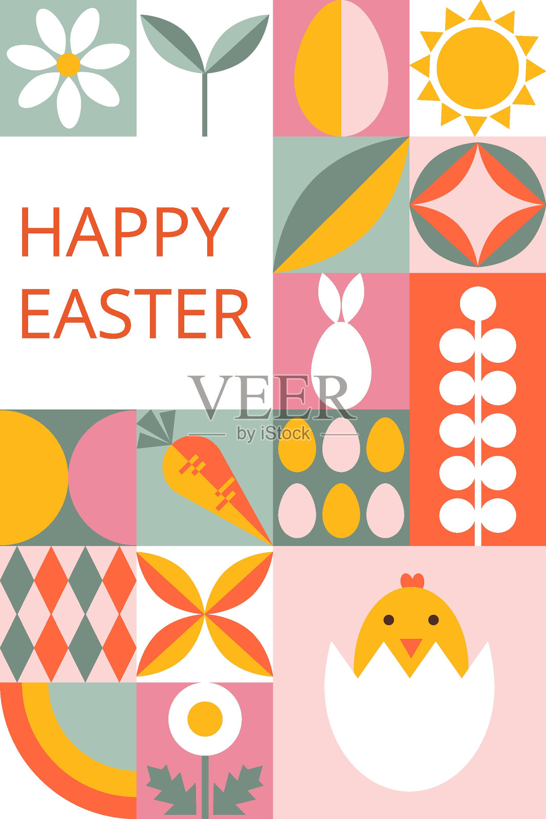 五颜六色的节日卡片，复活节快乐。具有几何形状的现代设计。程式化的鸡蛋，兔子，花朵，雏鸟。包豪斯风格。模板卡片，海报，传单，横幅，封面插画图片素材