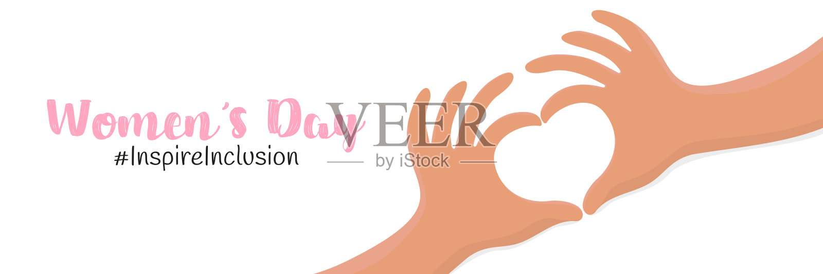 Inspireinclusion。矢量插图。2024年国际妇女节。横横幅女性的手，浅色的皮肤呈心形。白底上有铭文。插画图片素材