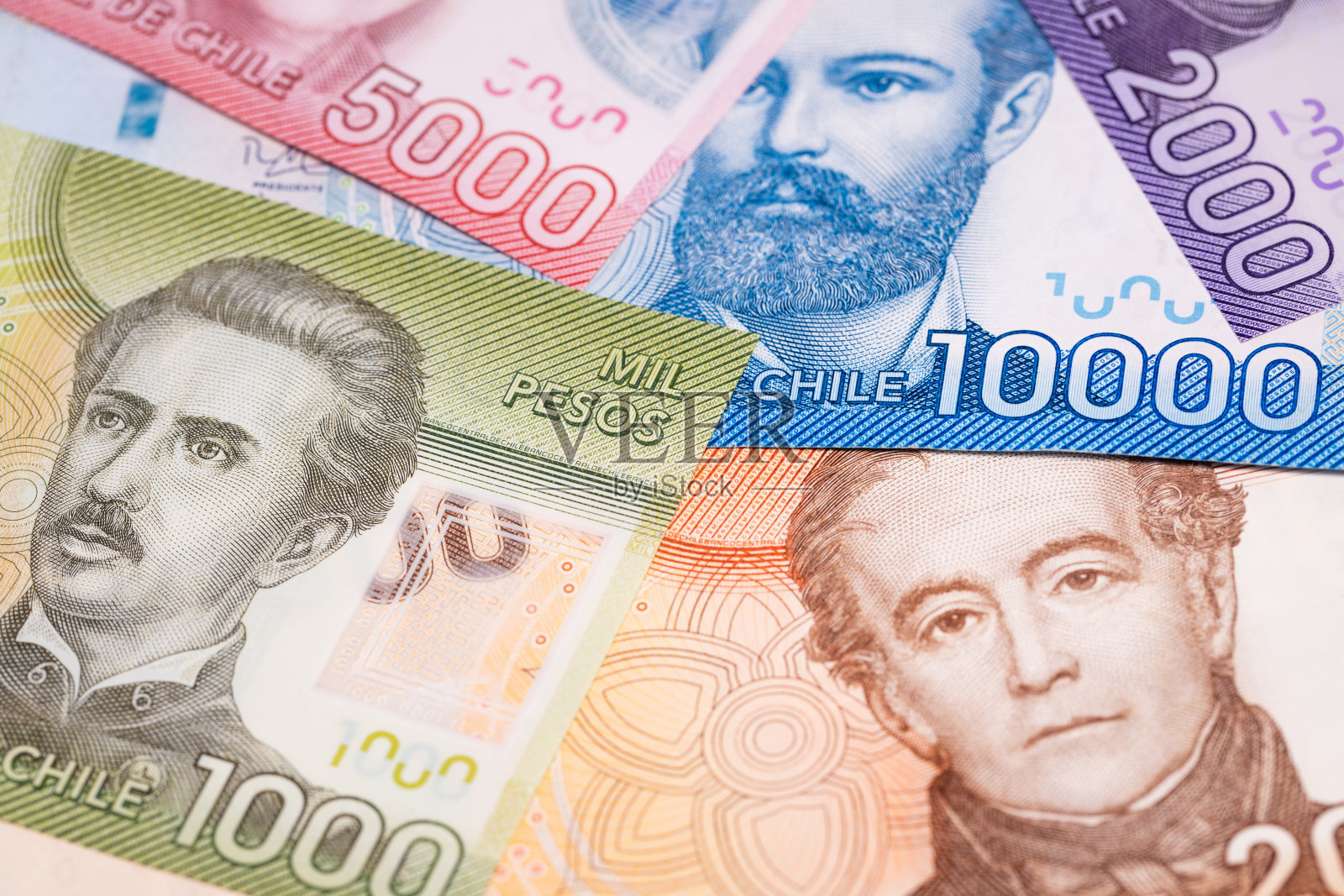 智利货币，所有纸币，智利比索货币，金融概念照片摄影图片