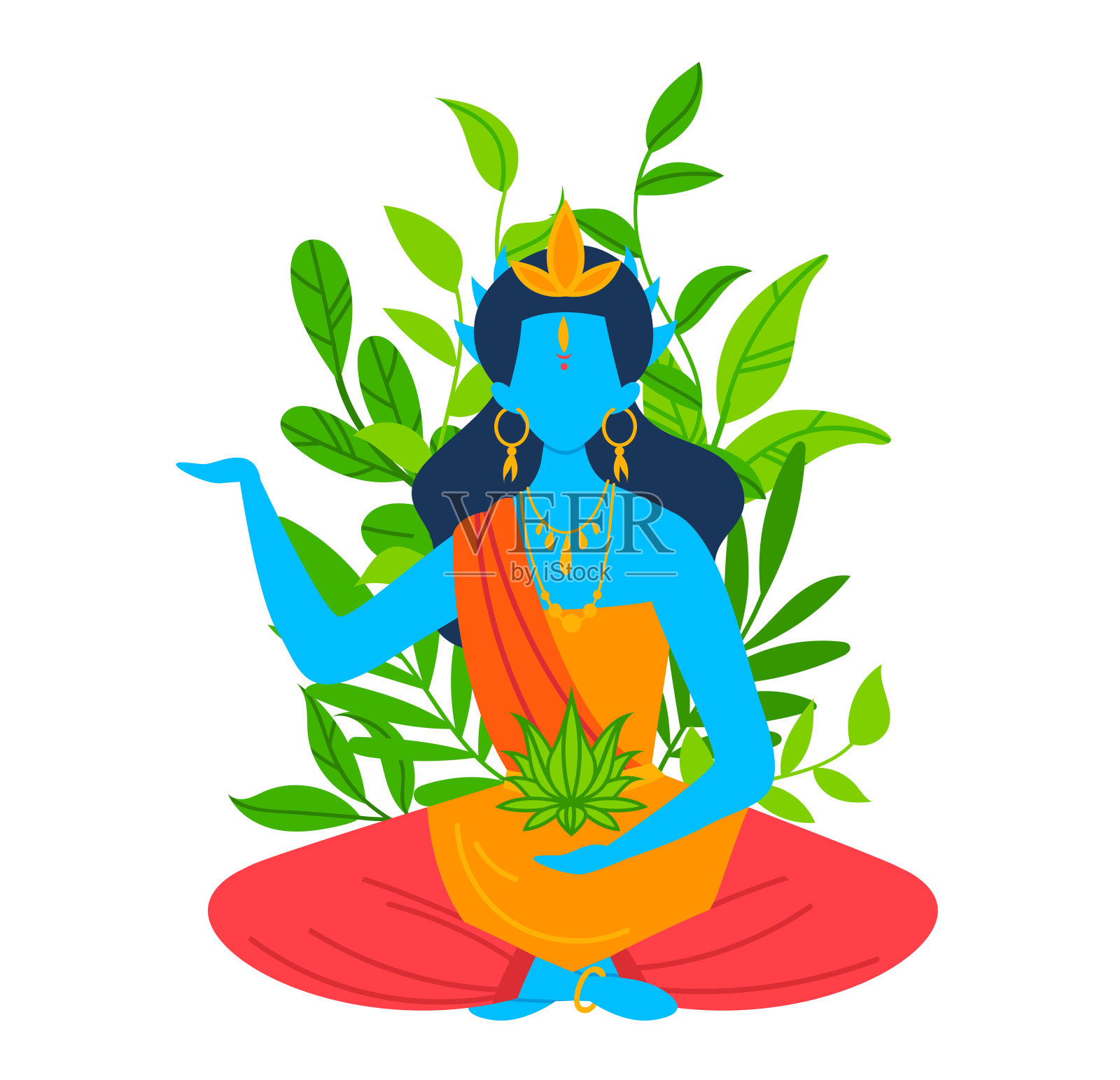 蓝色的印度教女神，有四只手臂，以莲花的姿势坐着。穿着传统服装、被树叶包围的印度教神灵。灵性和宗教矢量插图插画图片素材