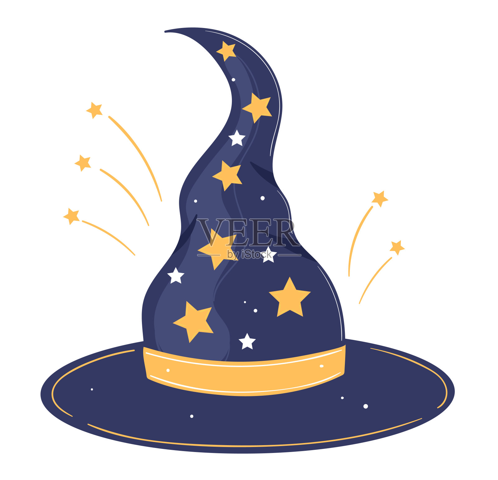 海军蓝巫师帽，饰有金色星星。神奇的魔法师的帽子与闪烁的星星矢量插图插画图片素材