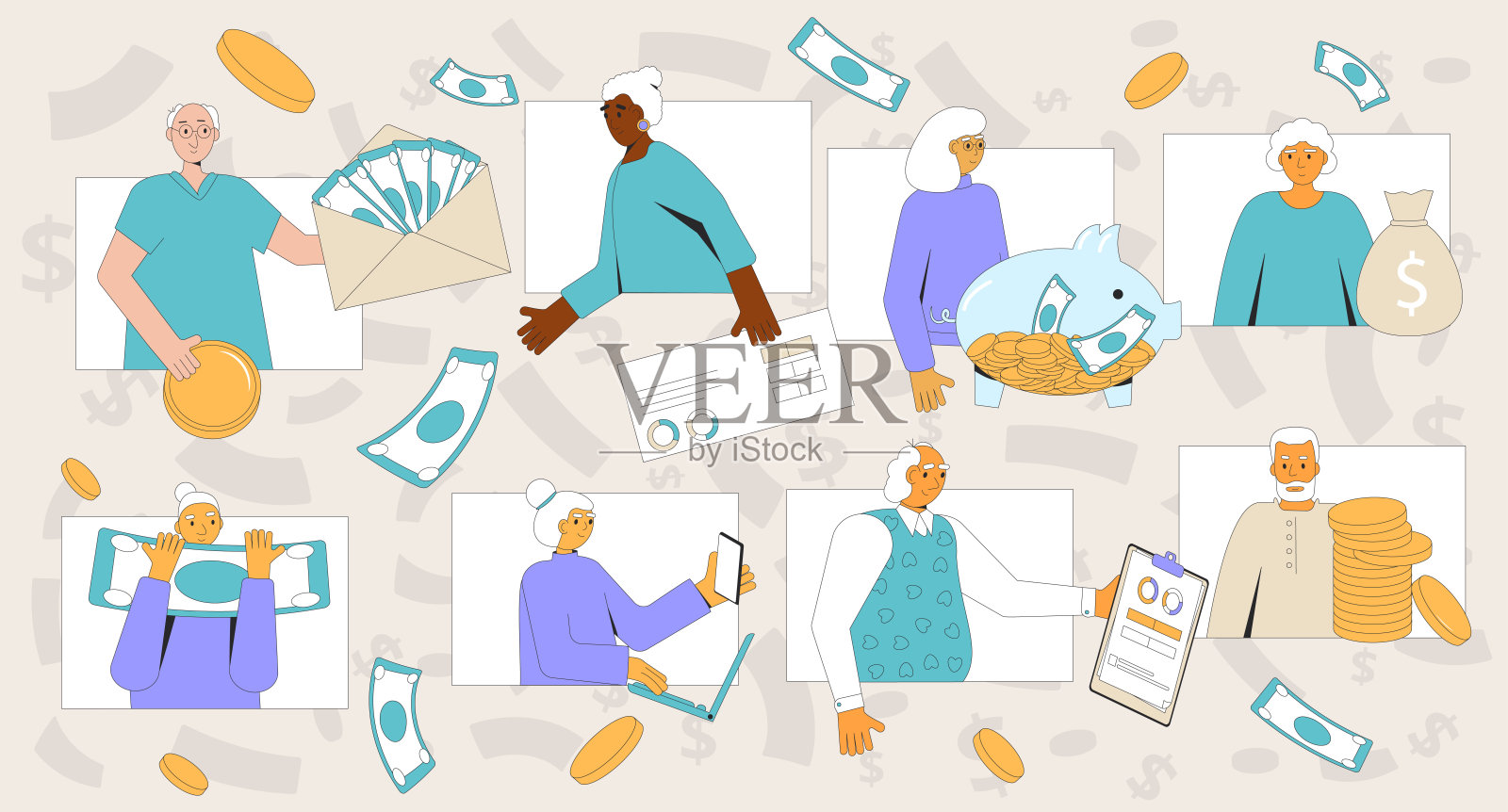 有钱的老人。老年人的退休理财知识。储蓄、投资和家庭预算。矢量插图。插画图片素材