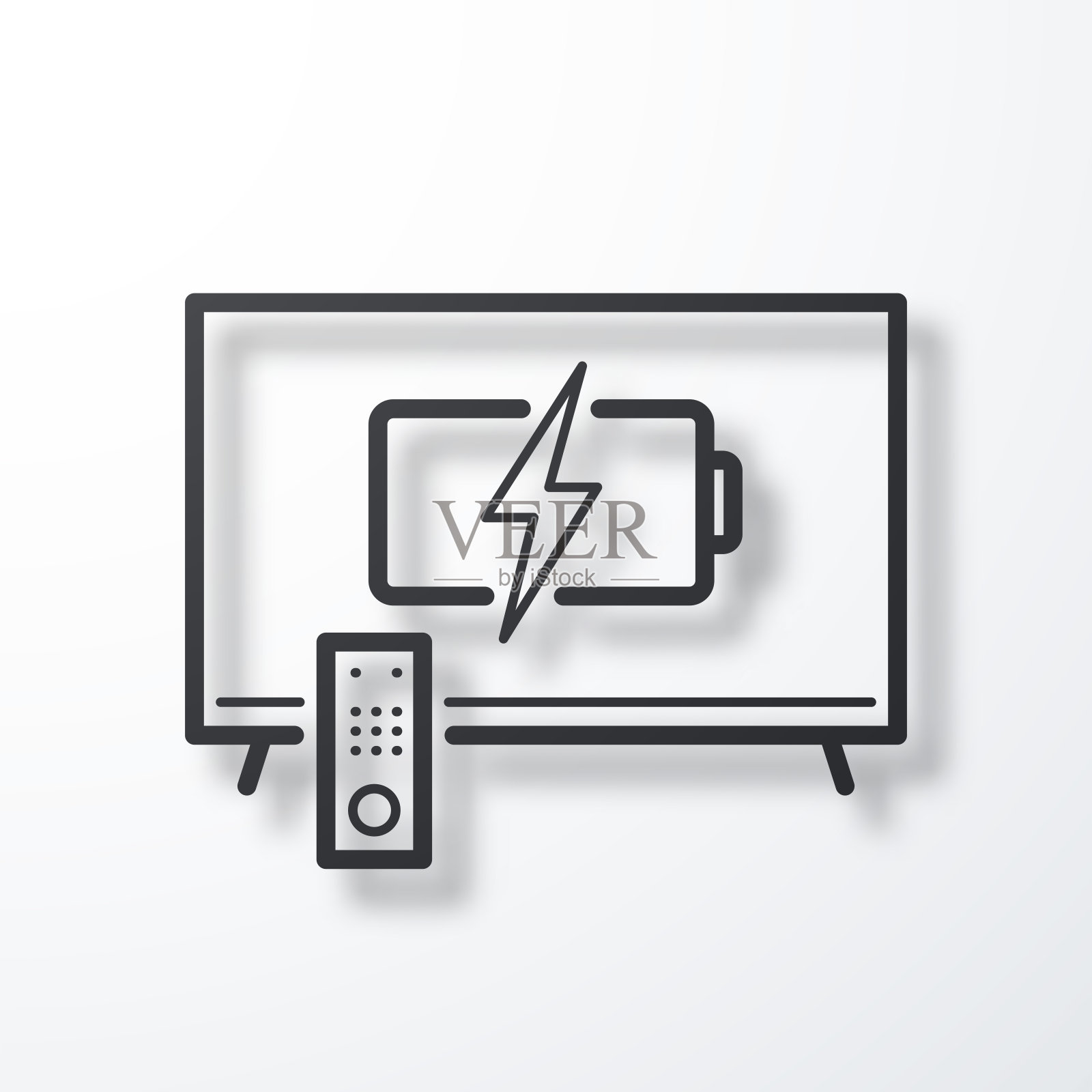 带有电池充电符号的电视机。线图标与阴影在白色背景插画图片素材