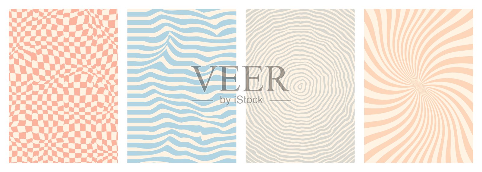 扭曲和扭曲的矢量groovy嬉皮士背景。波浪，漩涡，旋转的图案。一套时尚复古迷幻风格的背景。矢量图插画图片素材