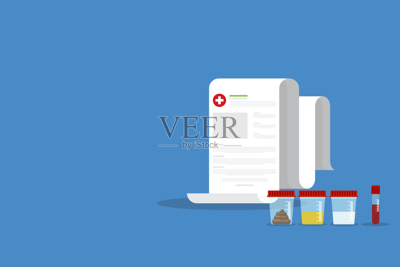 尿液，粪便，精子和血液分析。尿液，粪便，精子和血液测试图标。塑料盒里的医学样本和医学报告。插画图片素材