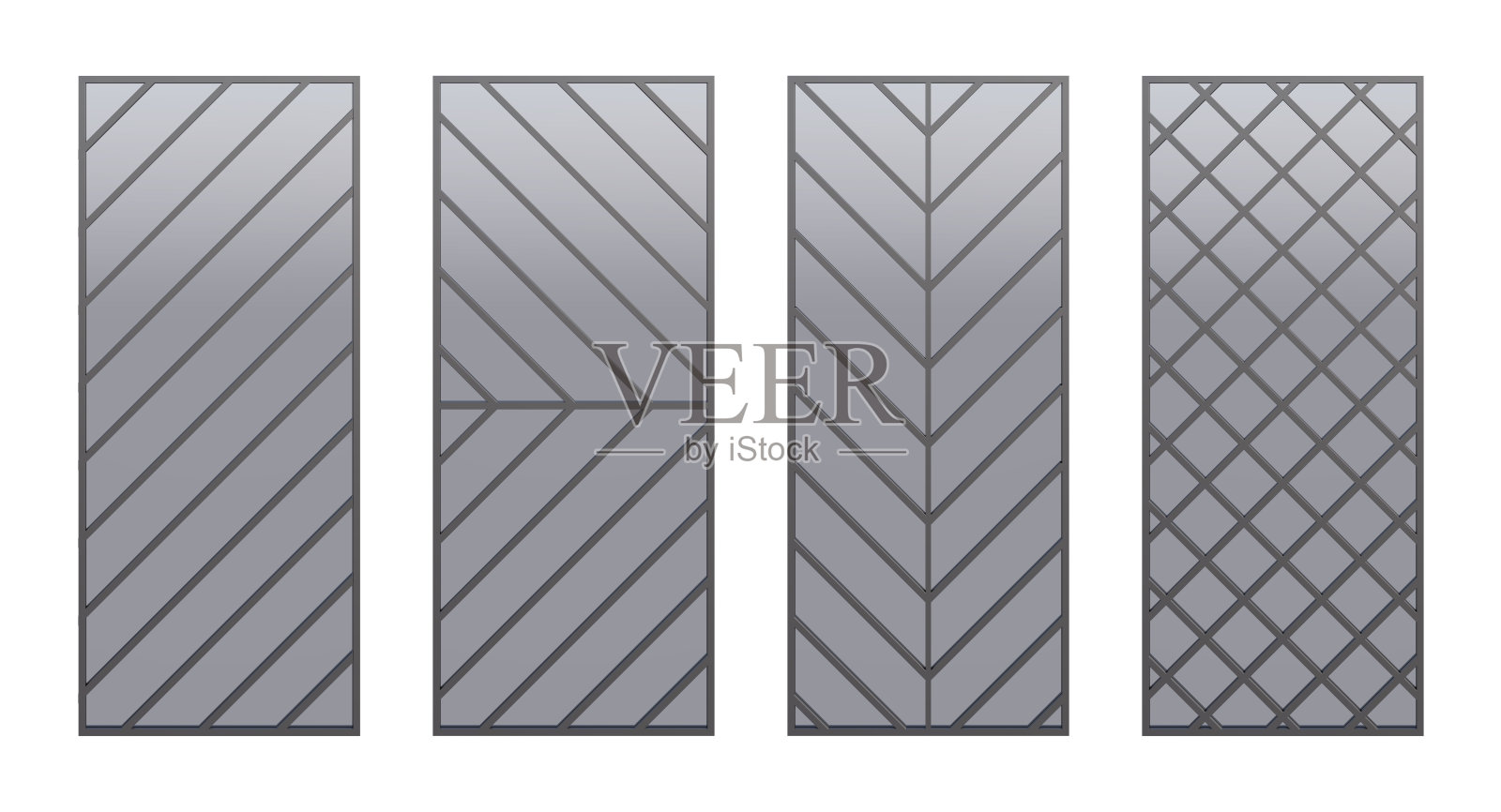 一组独立的现代隔板，黑色铝框架和透明玻璃用于现代室内设计。不同类型的框架。前视图。照片摄影图片