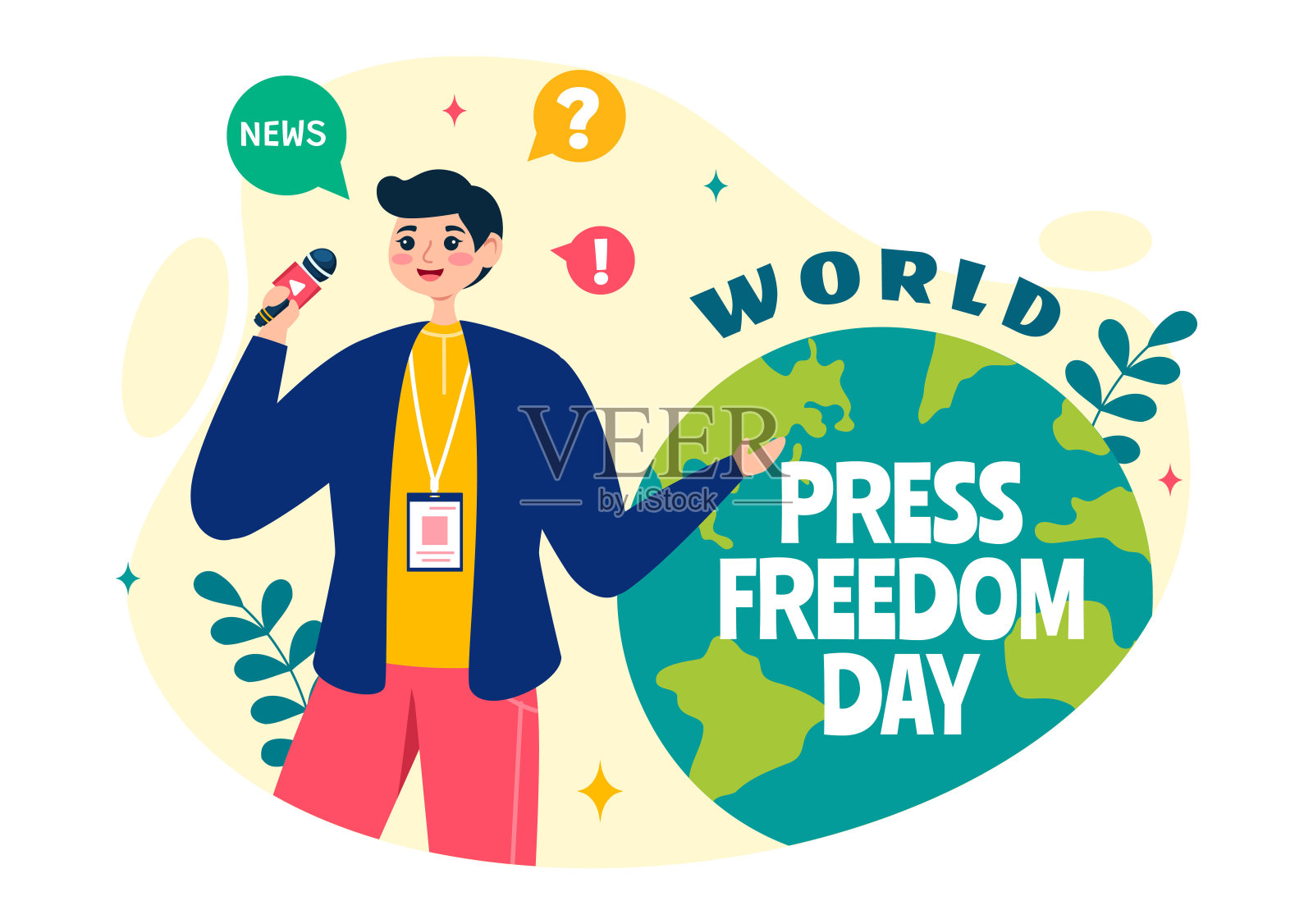 5月3日世界新闻自由日矢量图，以平面卡通为背景，配有新闻麦克风和报纸插画图片素材