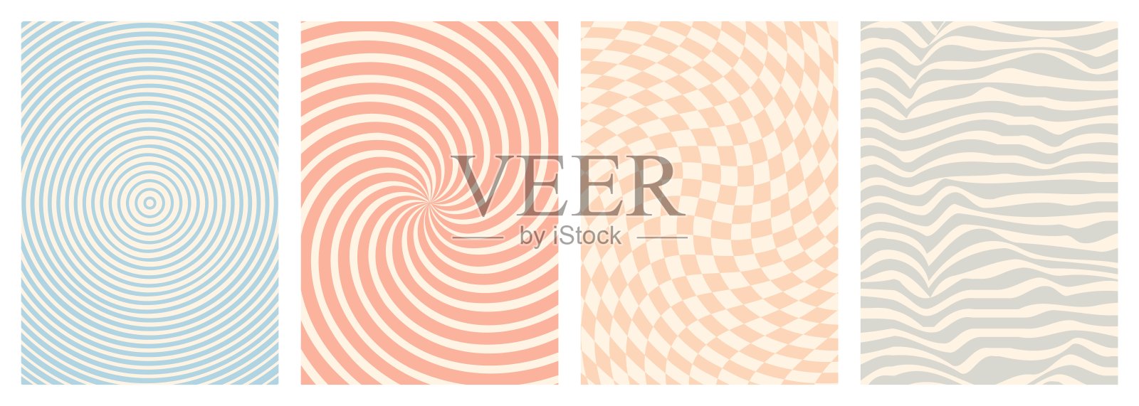 扭曲和扭曲的矢量groovy嬉皮士背景。波浪，漩涡，旋转的图案。一套时尚复古迷幻风格的背景。矢量图插画图片素材