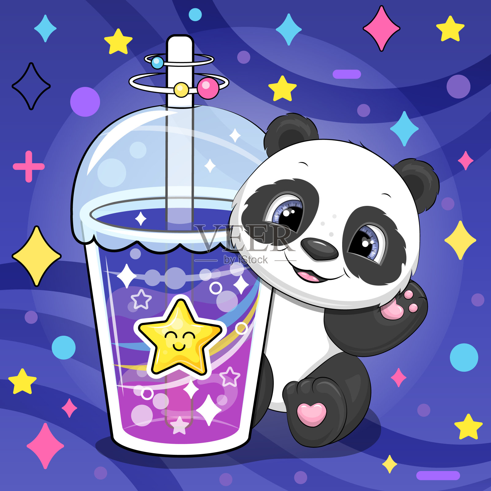 一只可爱的卡通熊猫拿着一大杯饮料。插画图片素材