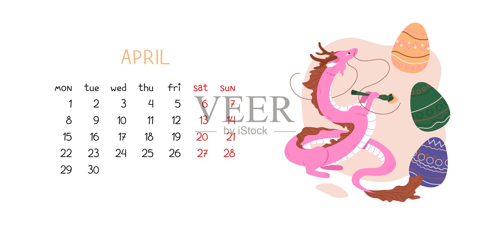 粉红色的中国龙装饰复活节彩蛋。2024年4月春季的水平格式。象征中国农历新年2024。矢量插图隔离在白色背景上插画图片素材