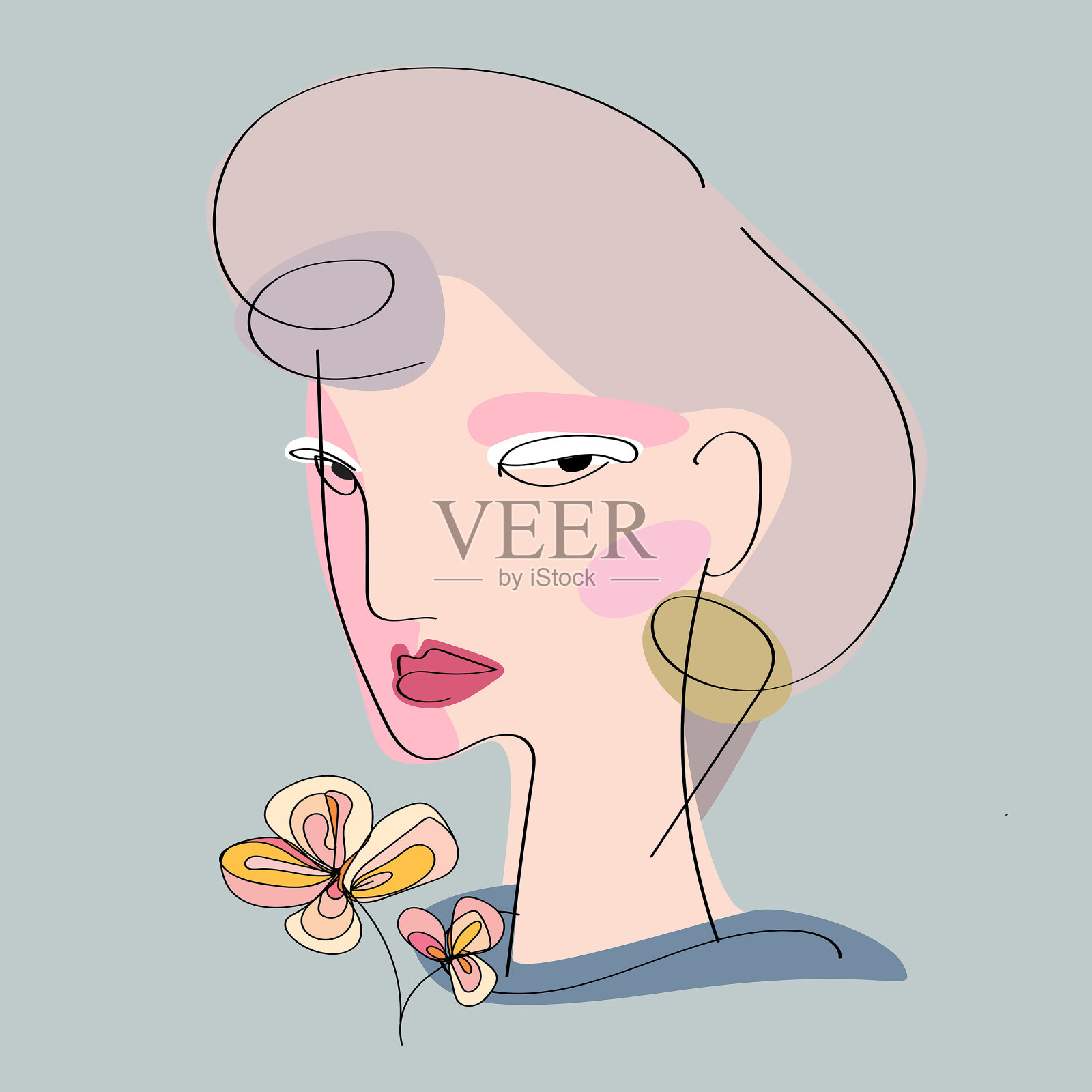 单线女性人物面部肖像极简风格插画图片素材