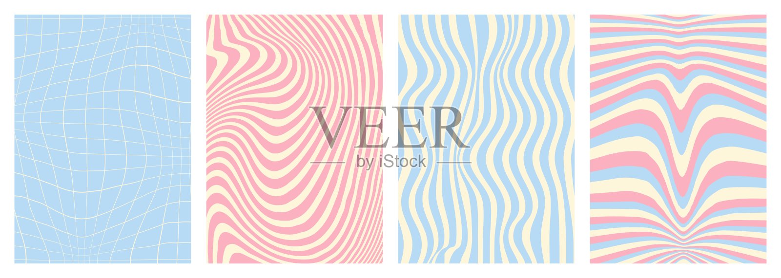 扭曲和扭曲的矢量groovy嬉皮士背景。波浪，漩涡，旋转的图案。一套时尚复古迷幻风格的背景。矢量图插画图片素材