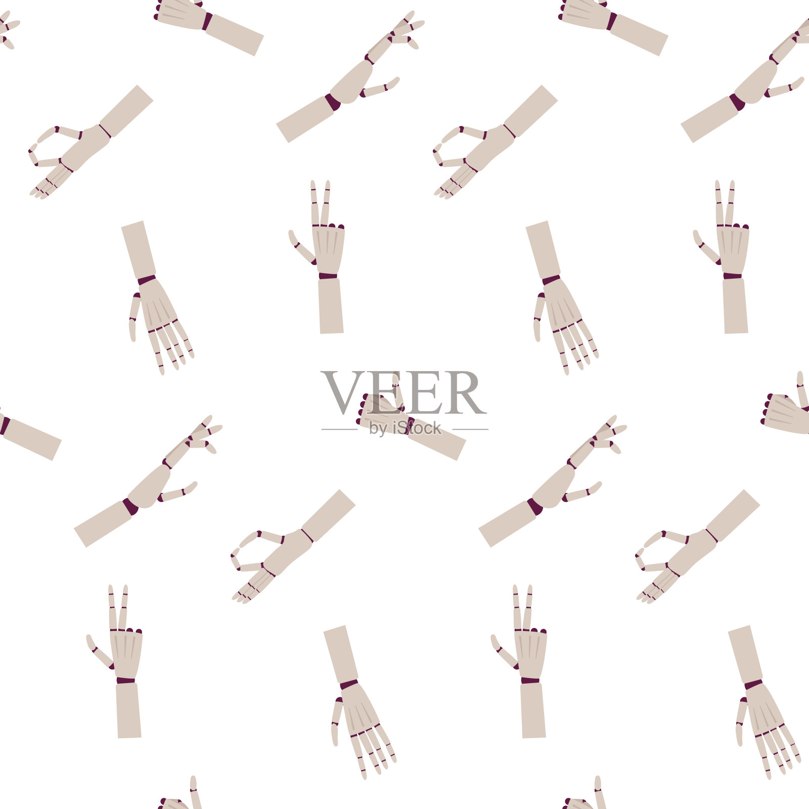 无缝图案与机械手臂或手。背景:未来人工技术，半机械人机械假体。插画图片素材