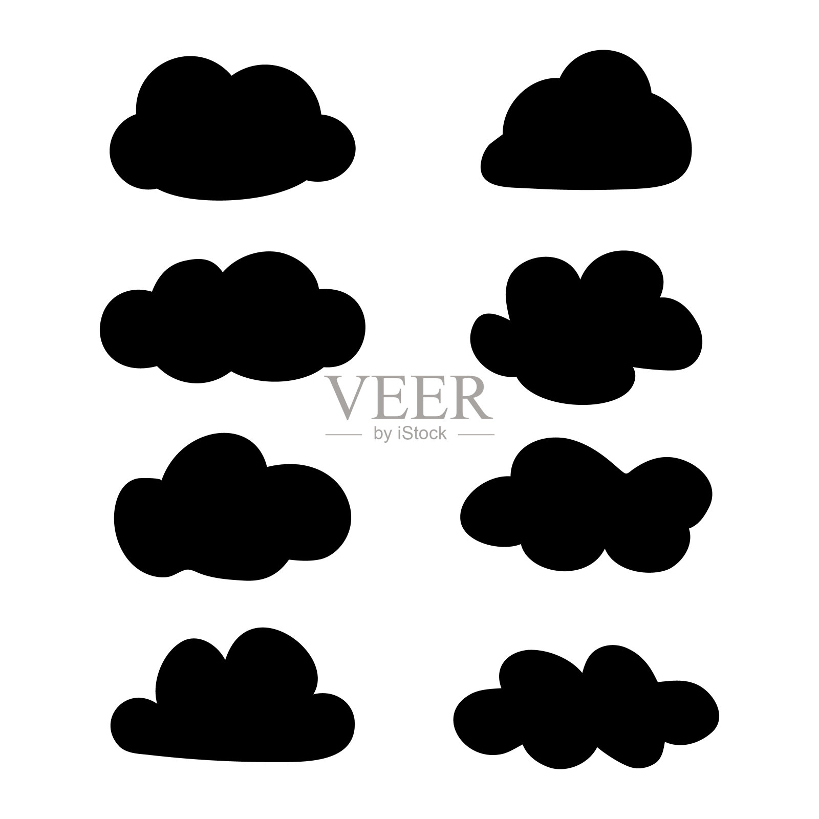 矢量集的黑色剪影云孤立在白色背景。插画图片素材