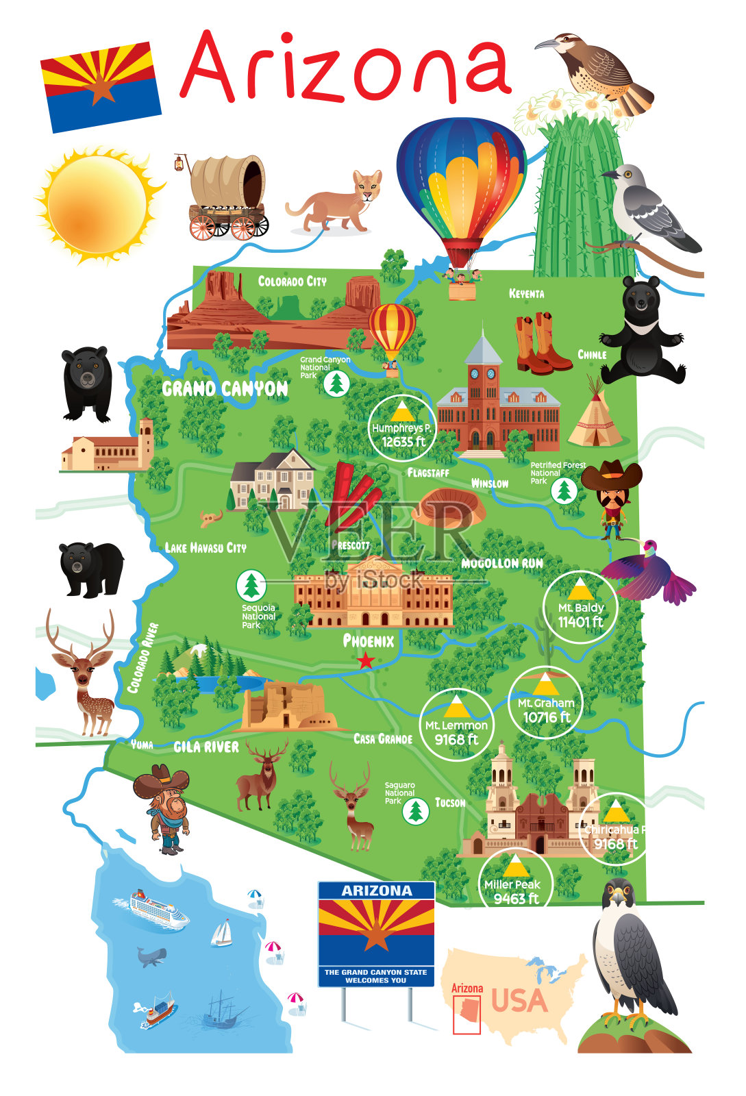 亚利桑那州地图插画图片素材