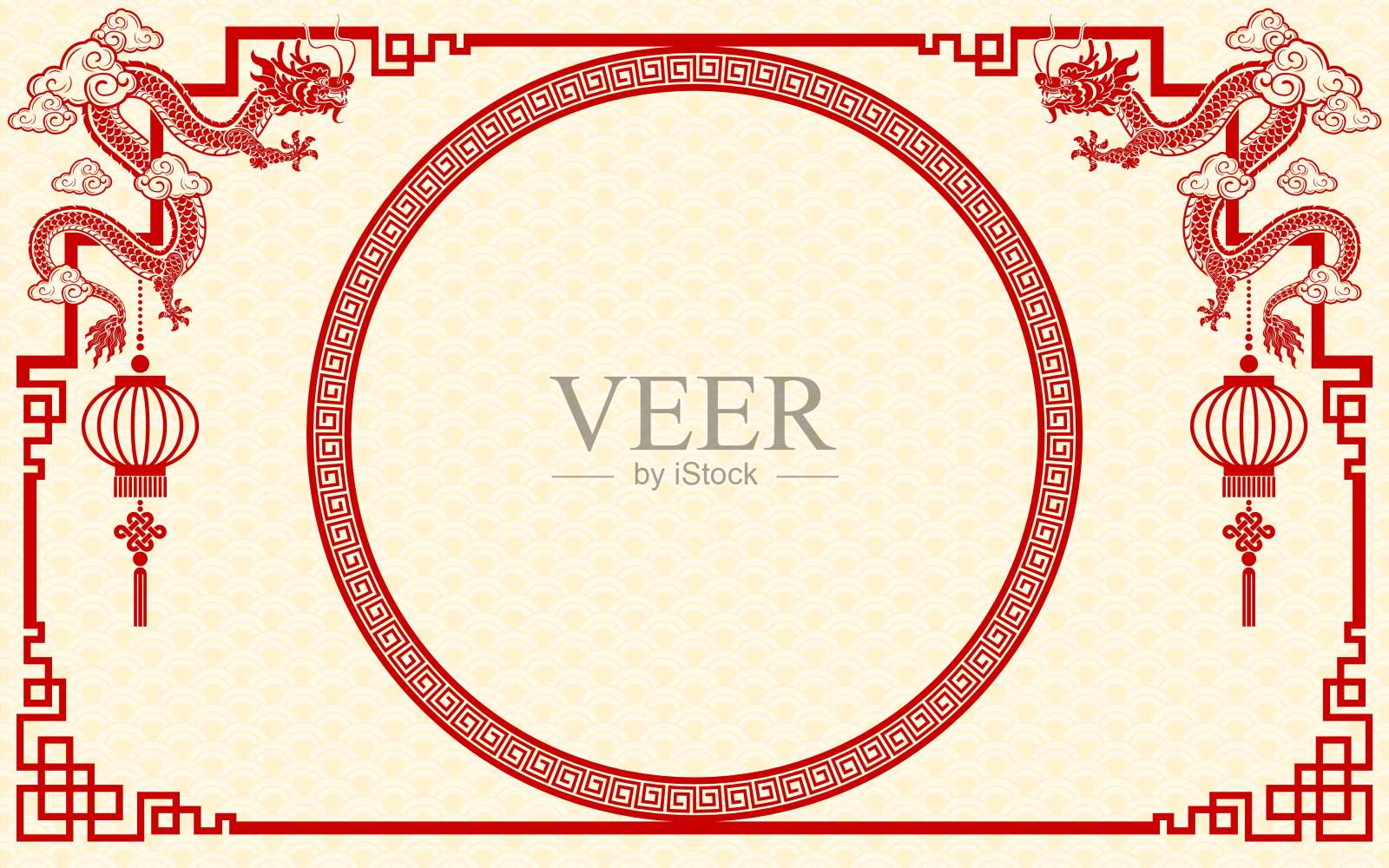 中国框架边框为快乐的中国新年2024年龙年生肖与花，灯笼，亚洲元素金色和红色剪纸风格的颜色背景。插画图片素材