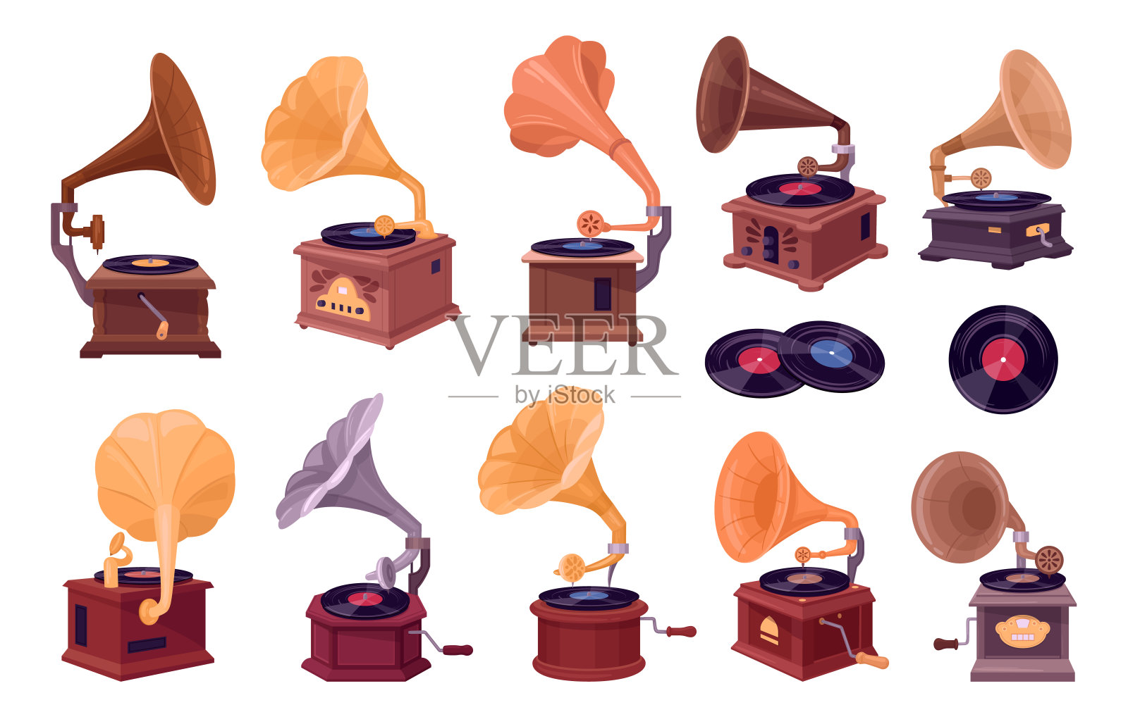 老式留声机。卡通古董磁盘播放器和黑胶，复古音乐记录音频设备平面矢量插图集。复古留声机收藏插画图片素材