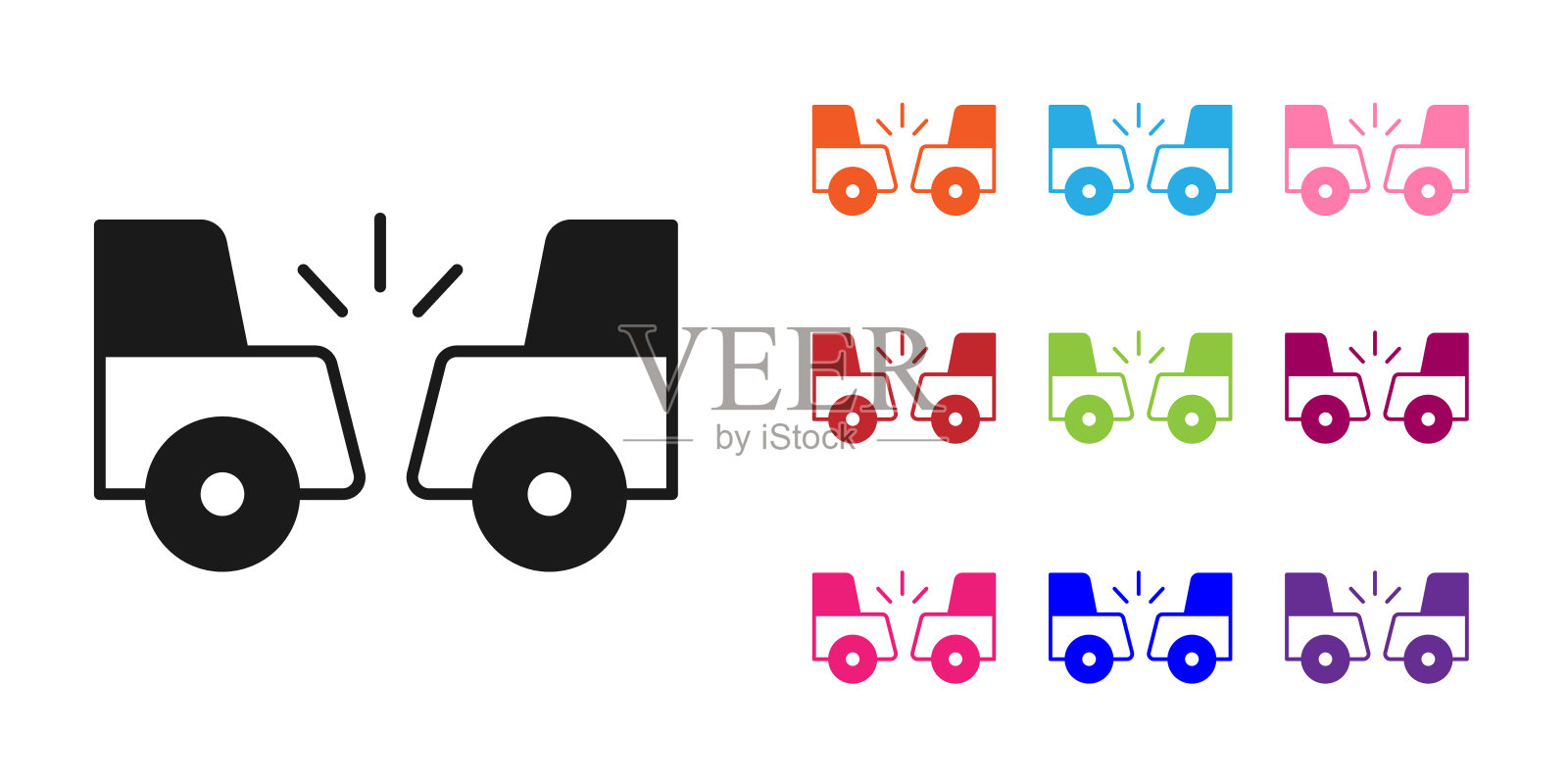 黑色汽车事故图标孤立在白色背景。涉及两辆车的车祸。设置图标彩色。向量插画图片素材