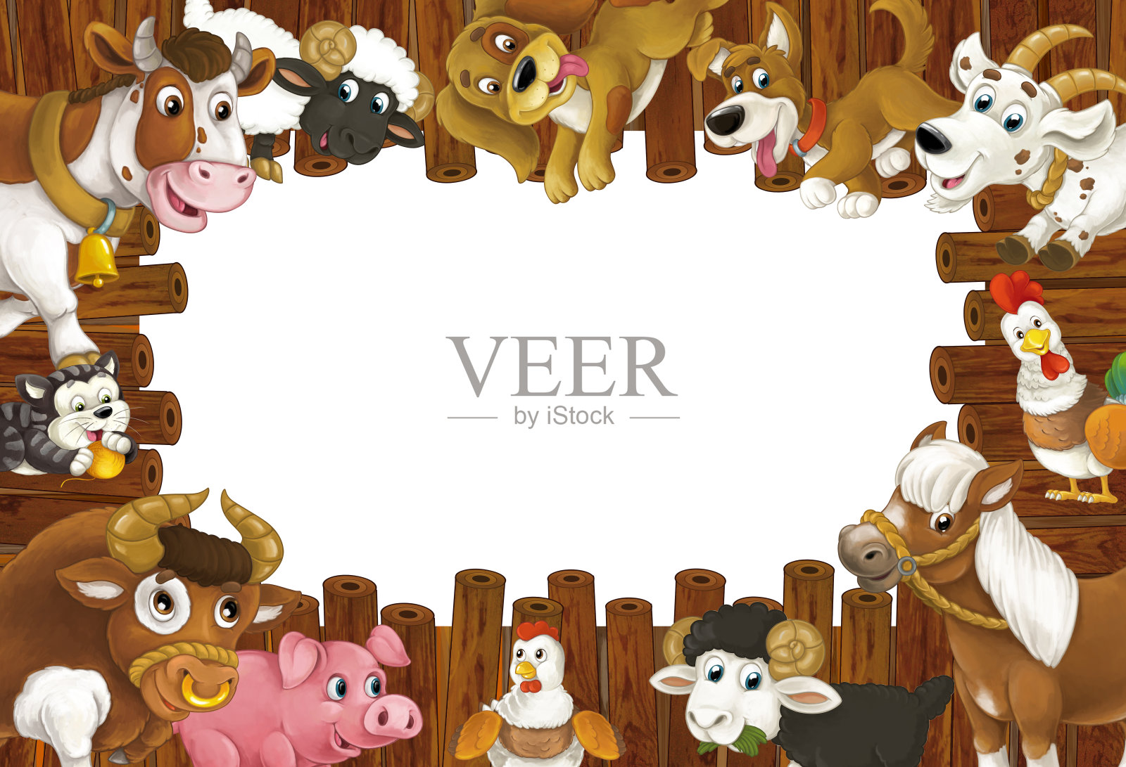卡通场景与传统农村木制农场栅栏框架边界与不同的牧场动物与空间文字插图的孩子插画图片素材
