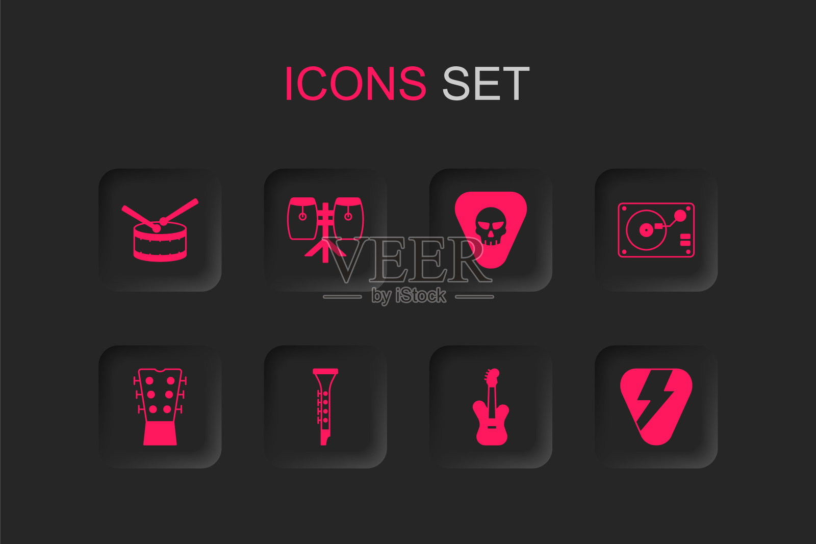 集单簧管，康加鼓，鼓与棍棒，电贝斯吉他，黑胶播放器黑胶唱片，吉他挑，和颈部图标。向量插画图片素材