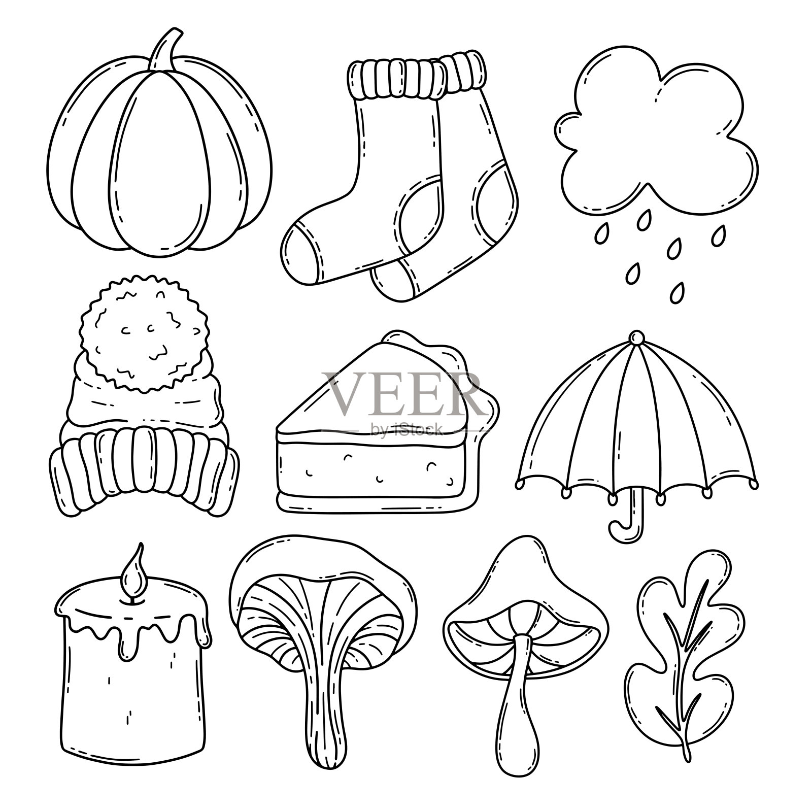 秋季配件矢量集。冬帽、暖袜、伞、馅饼、蜡烛、香菇、云、南瓜、树叶插画图片素材