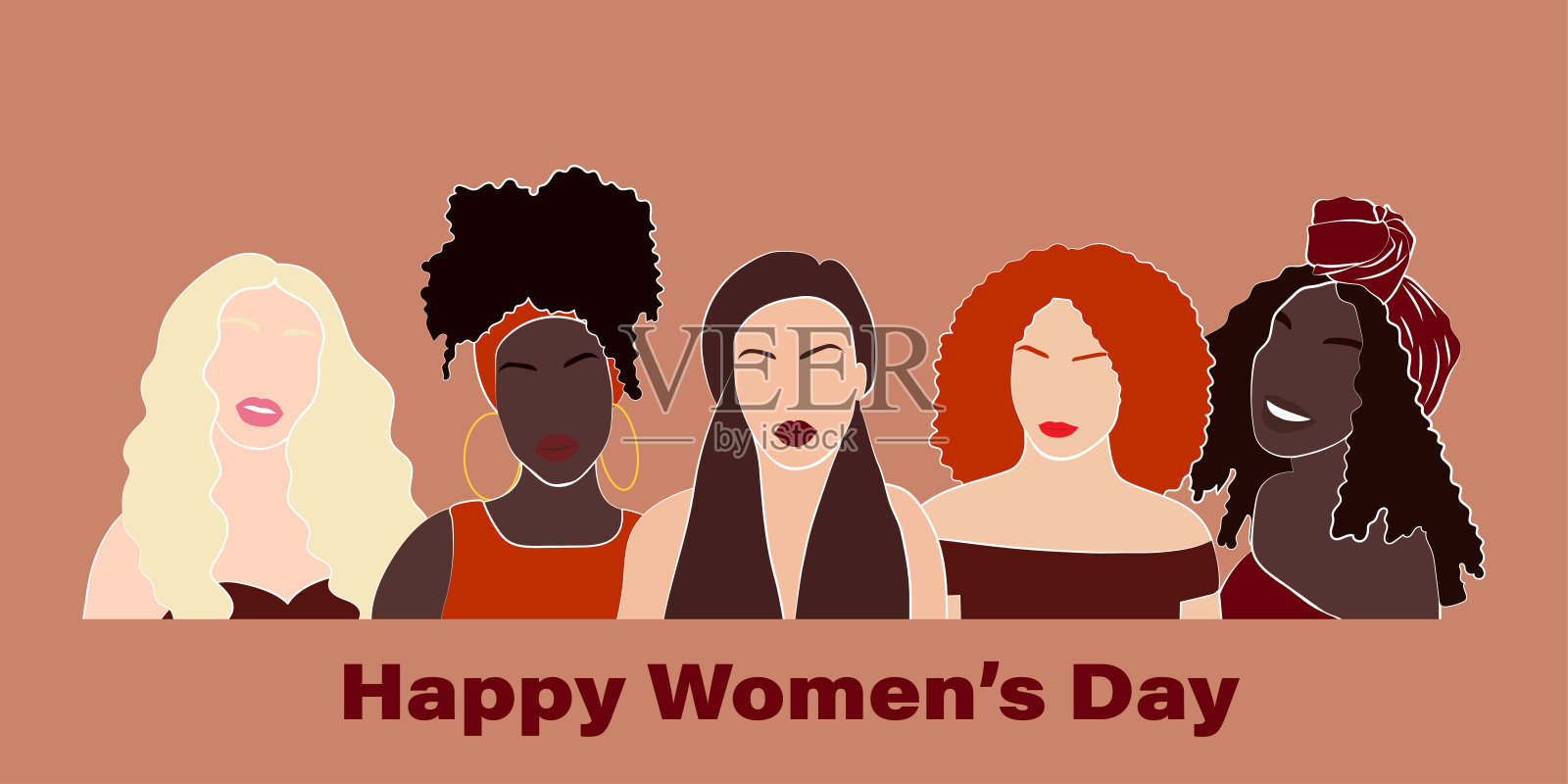 五名不同种族、不同文化的女性肩并肩站在一起。坚强勇敢的女孩互相支持。矢量图插画图片素材