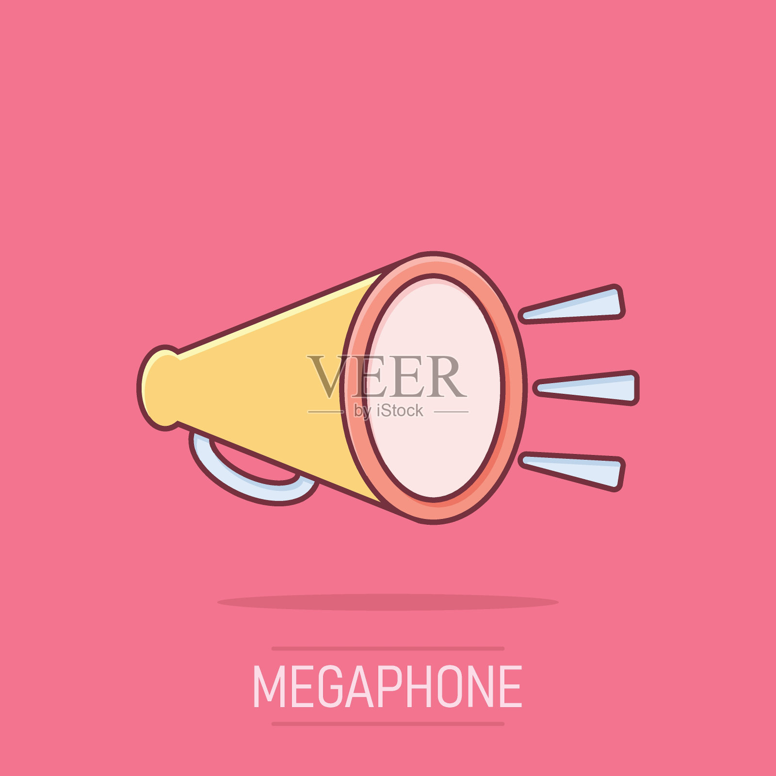 扩音器扬声器图标在漫画风格。扩音器矢量卡通插图孤立的背景。尖叫公告经营理念的飞溅效果。插画图片素材