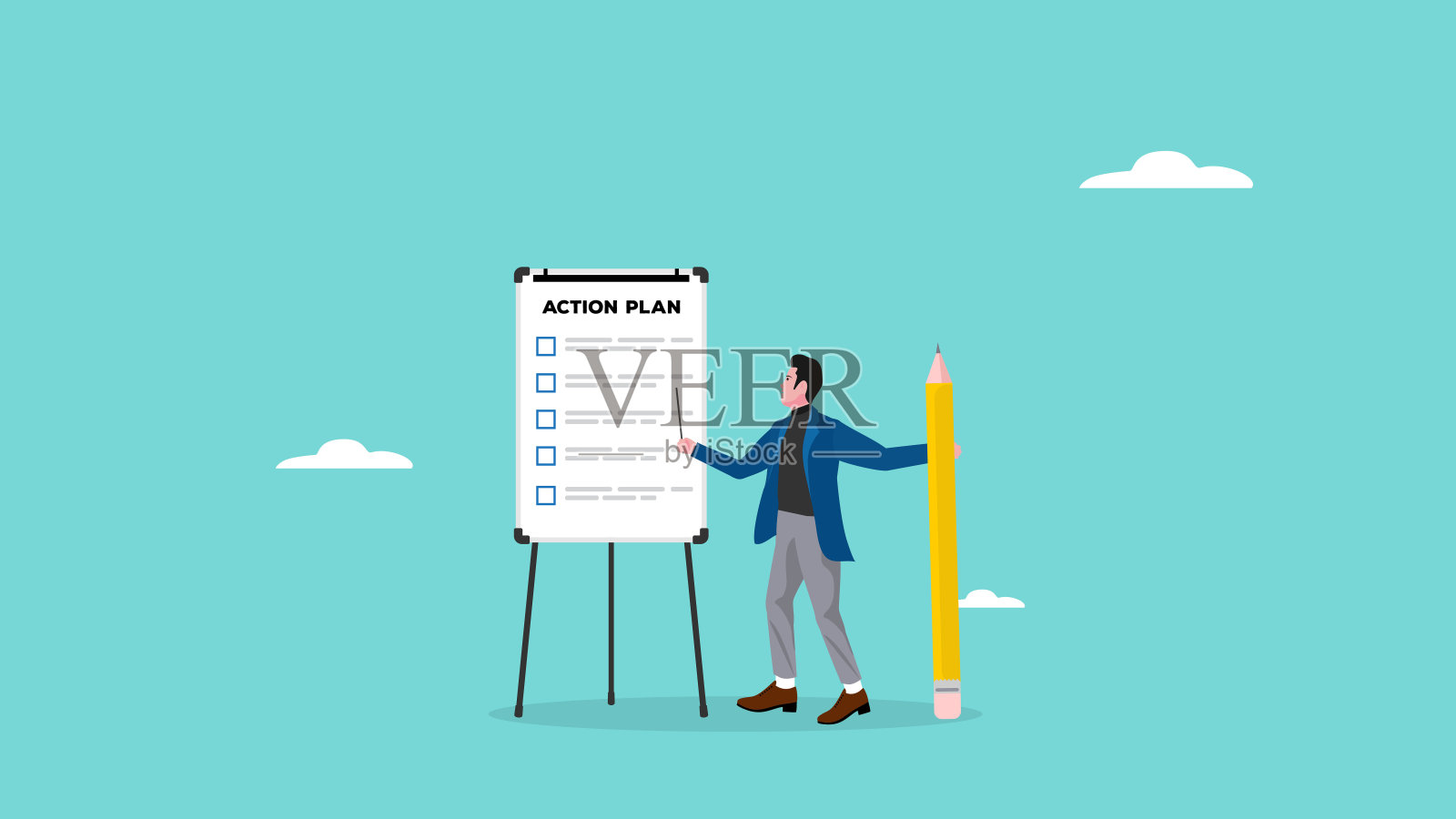 行动计划矢量插图，商人谁是写商业计划和战略在白板上用大铅笔，商业规划概念，商业战略矢量插图插画图片素材