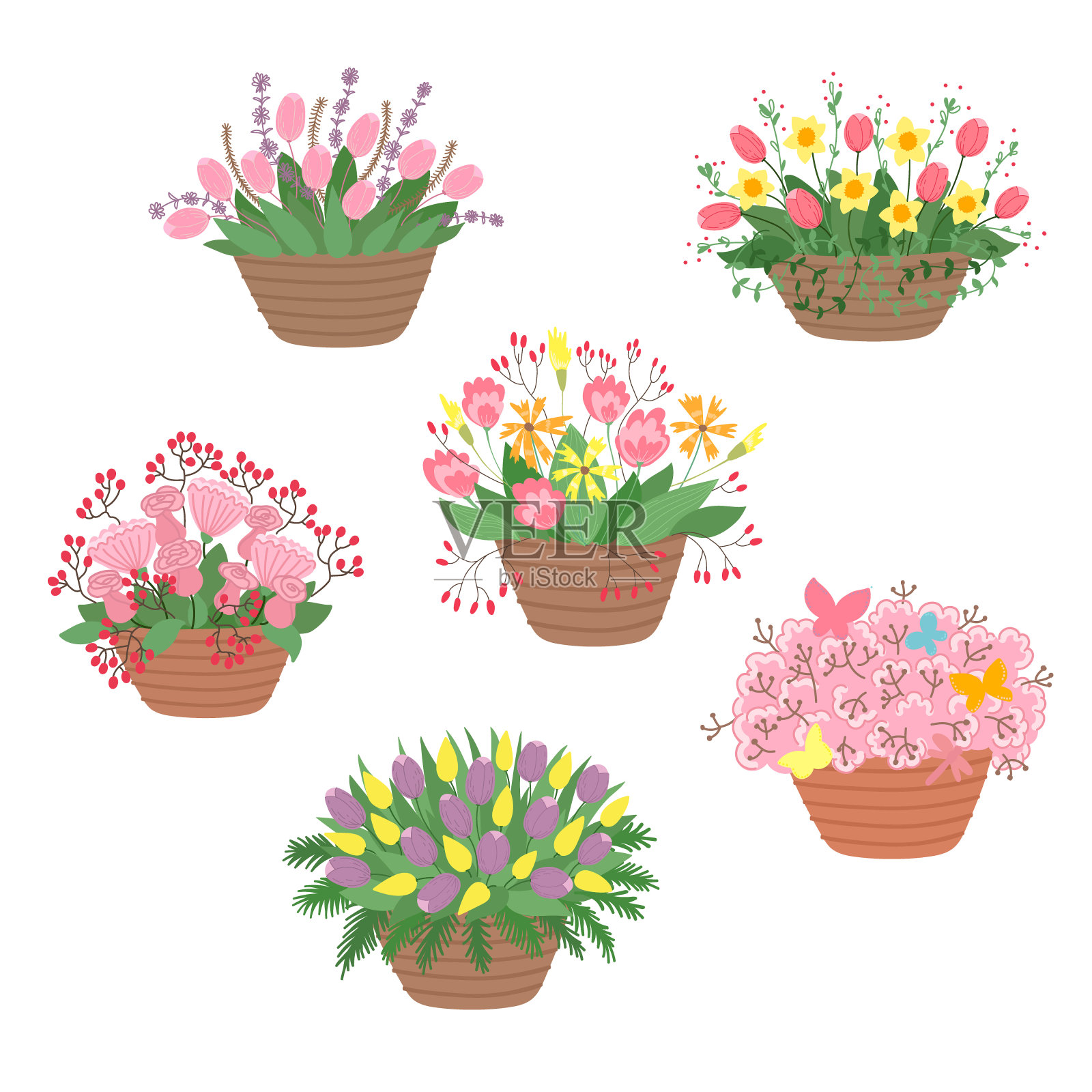 春天的花朵在篮子里孤立的平面卡通设计。矢量图插画图片素材