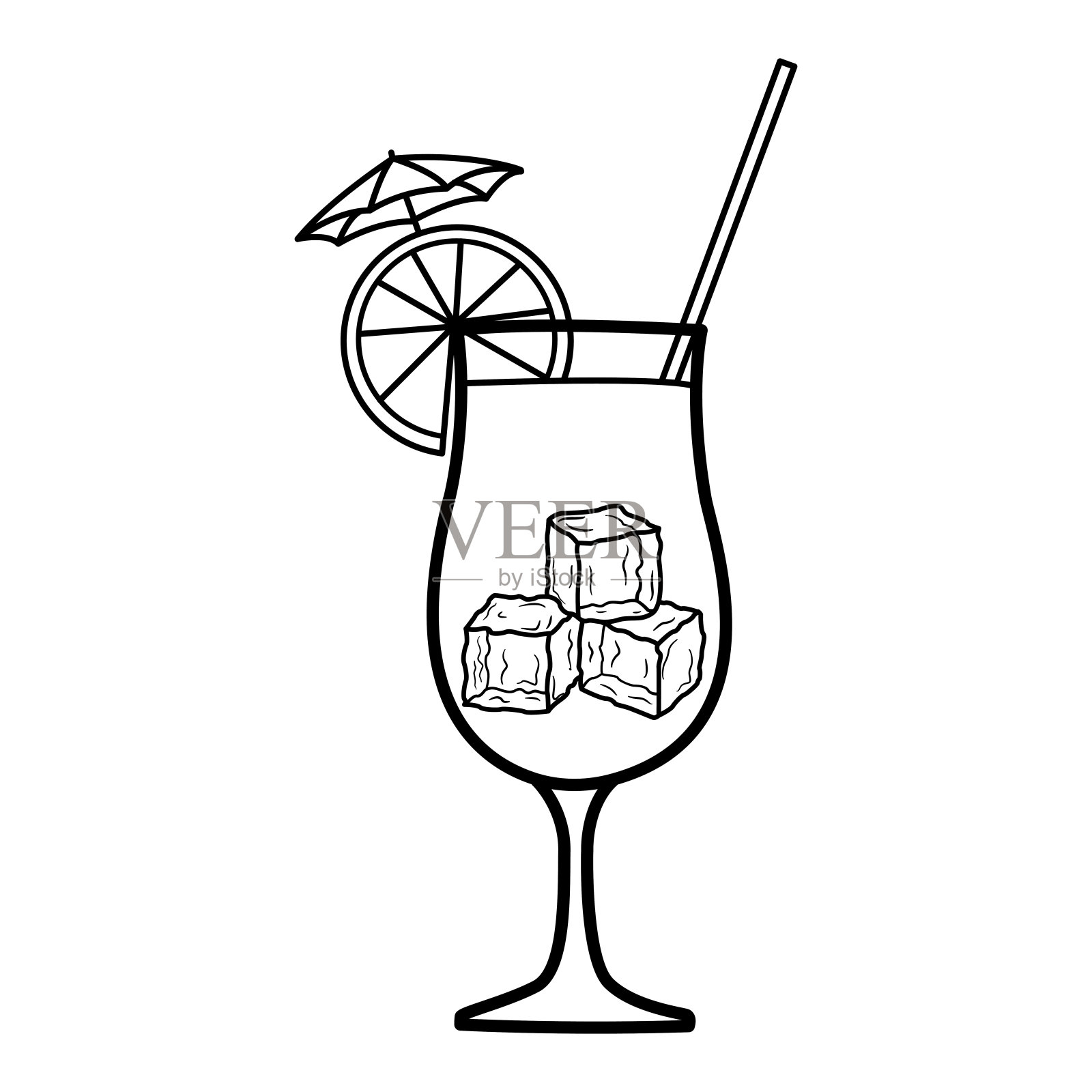 橙色鸡尾酒用吸管着色。矢量插图的海滩清凉饮料与冰和一片橘子在卡通风格插画图片素材