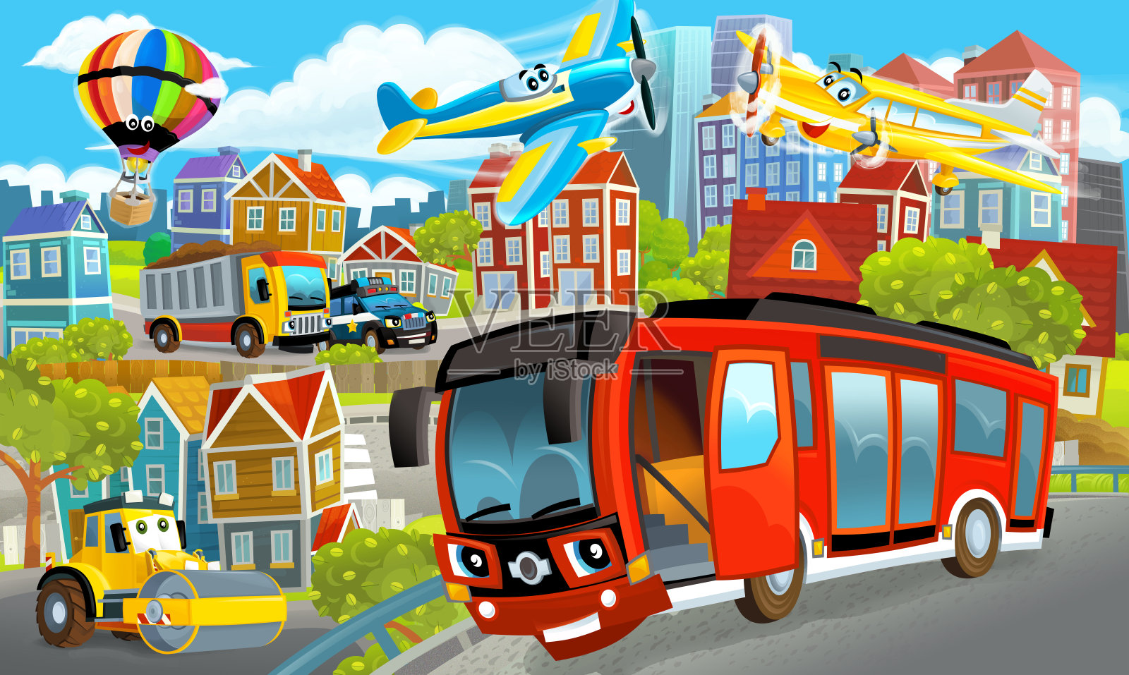 卡通快乐和有趣的场景，一个城市的中心与汽车行驶-插图插画图片素材