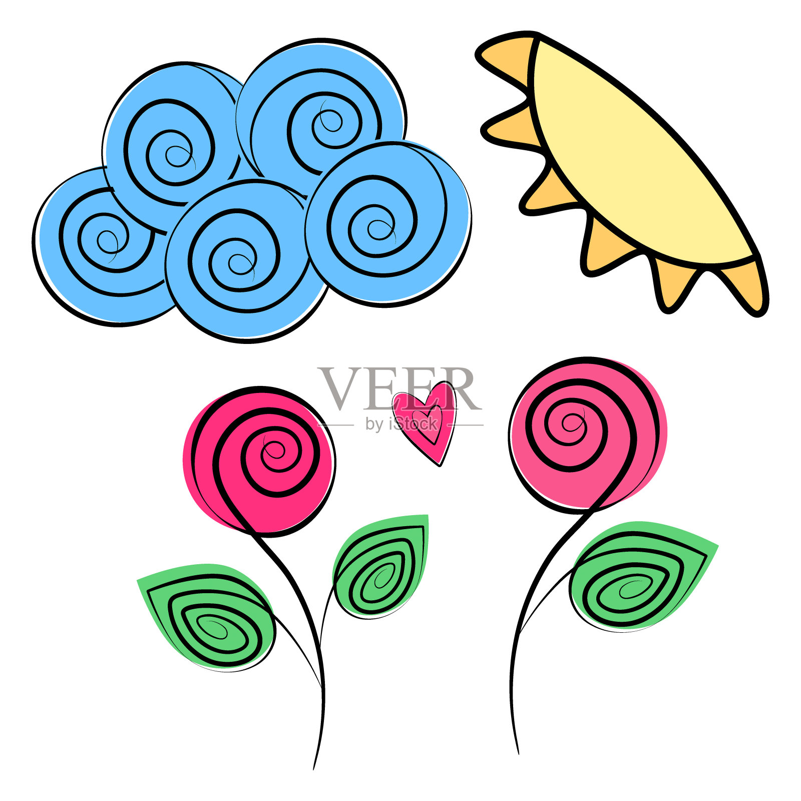 风格化的云，太阳和玫瑰装饰心在时尚的标记色调。5种设计元素的组合插画图片素材