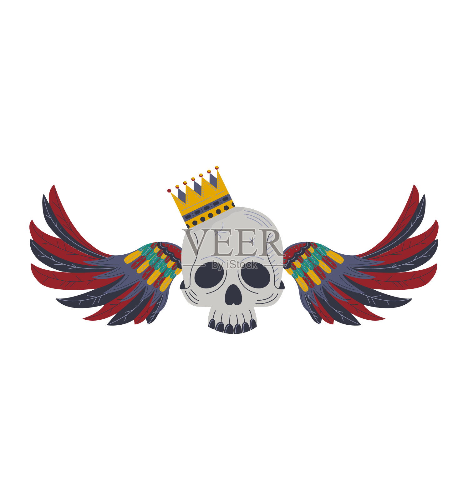 头冠和彩色翅膀的头骨。皇家骷髅带翅膀徽章。国王和死亡率概念矢量插图插画图片素材